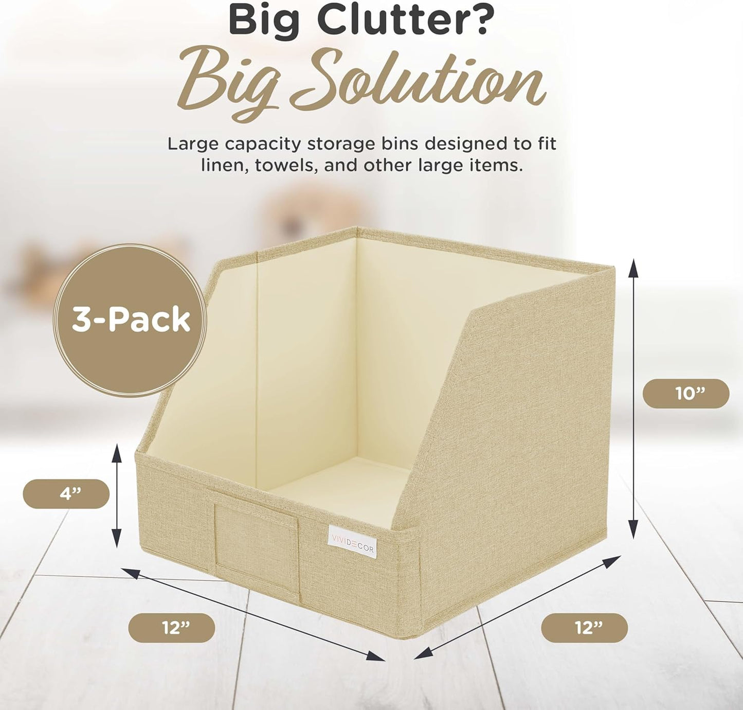 VIVIDECOR Trapezoid Storage Bins - 3-Pack Foldable Fabric Organizers for Closet & Shelf (Beige)