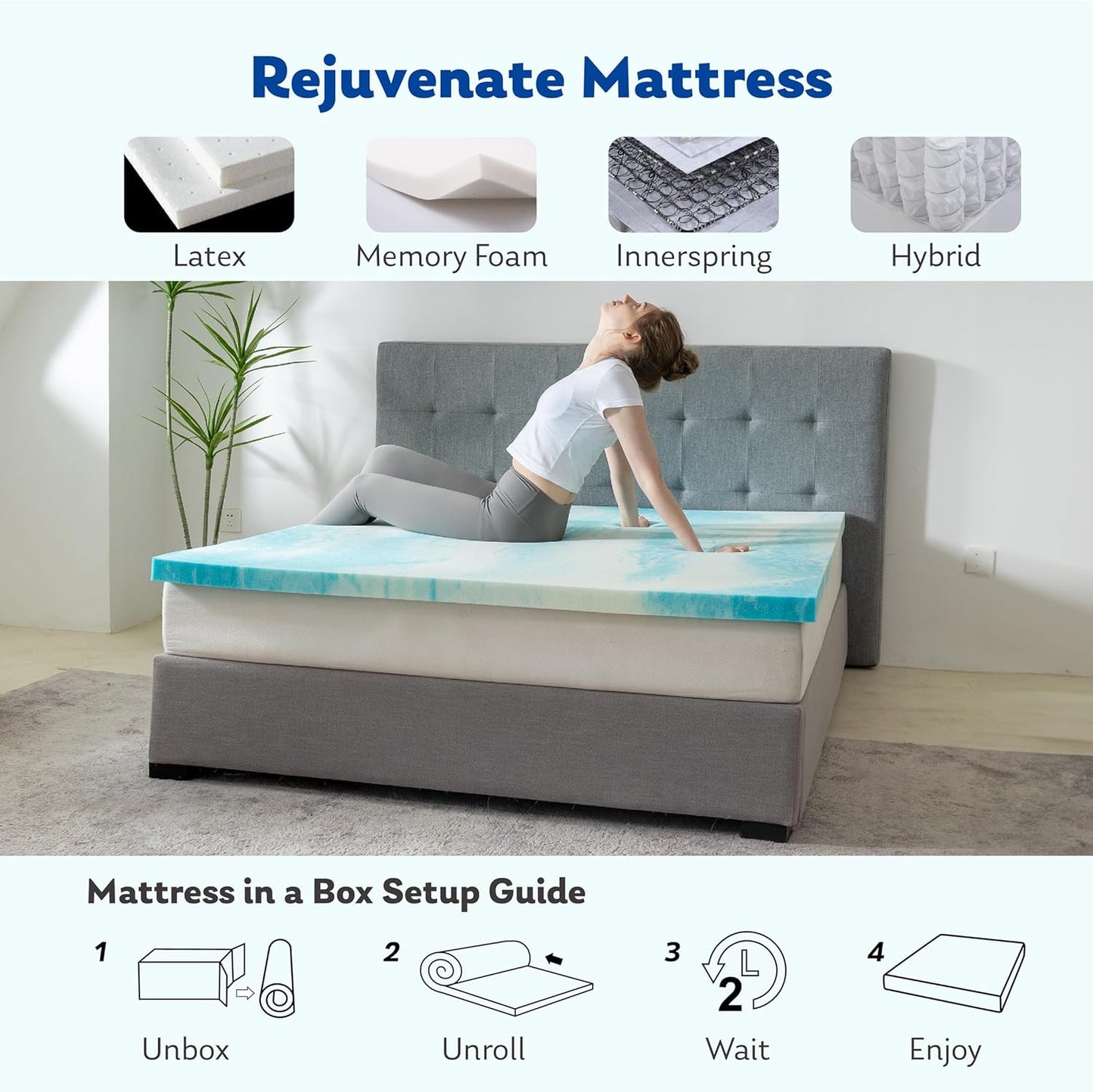 MLILY Twin Mattress Topper - 3 Inch Gel-Infused Memory Foam Cooling Pad | CertiPUR-US Certified, 38”x75”, Blue