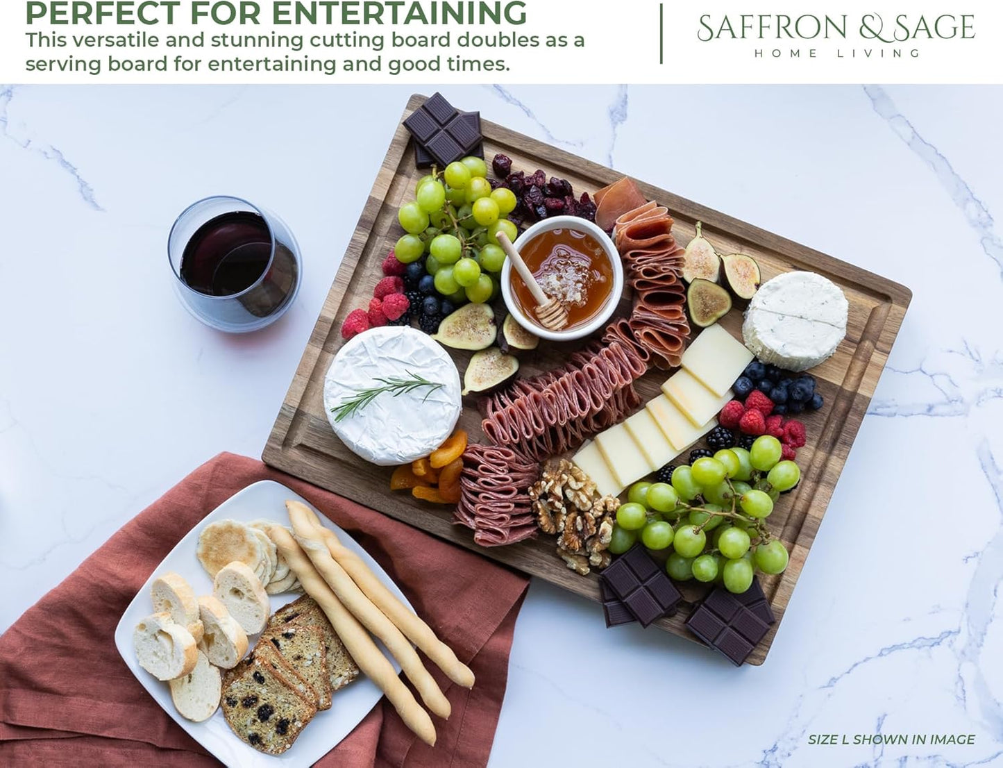 Saffron & Sage Large Wood Cutting Board - Thick 16 x 12 x 1.5 Inch Acacia with Juice Groove | Reversible Chopping & Charcuterie Board