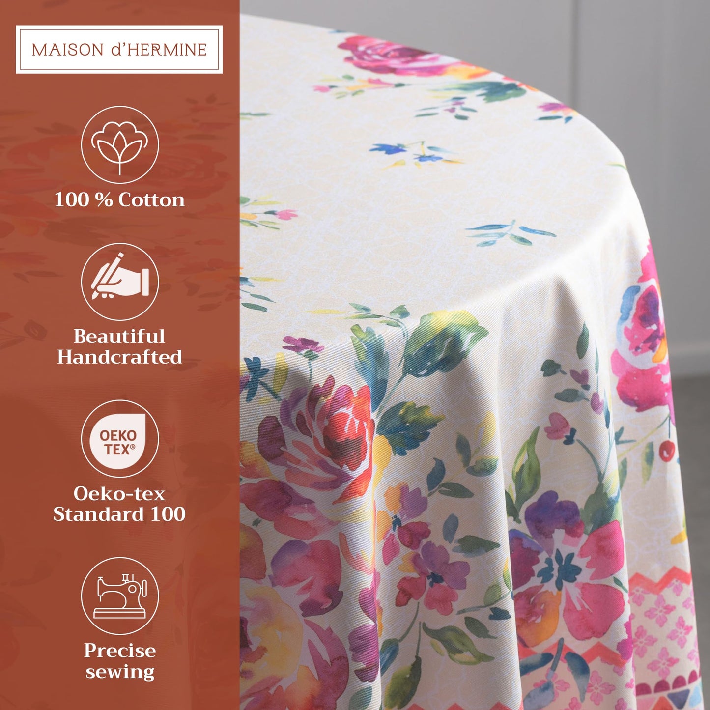 Maison d' Hermine Table Cloth Round Table 100% Cotton 69 Round Inches Tablecloth Reusable Decorative for Dining Kitchen Room Farmhouse Home Gifts for Mothers Day Spring Summer - Rose Garden