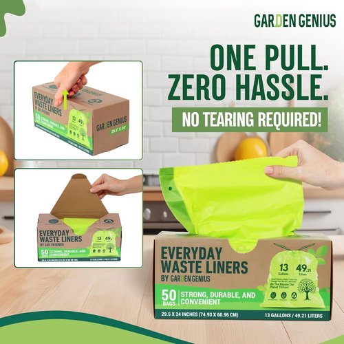 Biodegradable 13-Gallon Kitchen Waste Bags - Strong, Heavy-Duty Drawstring Trash Bags | Eco-Friendly 50-Pack