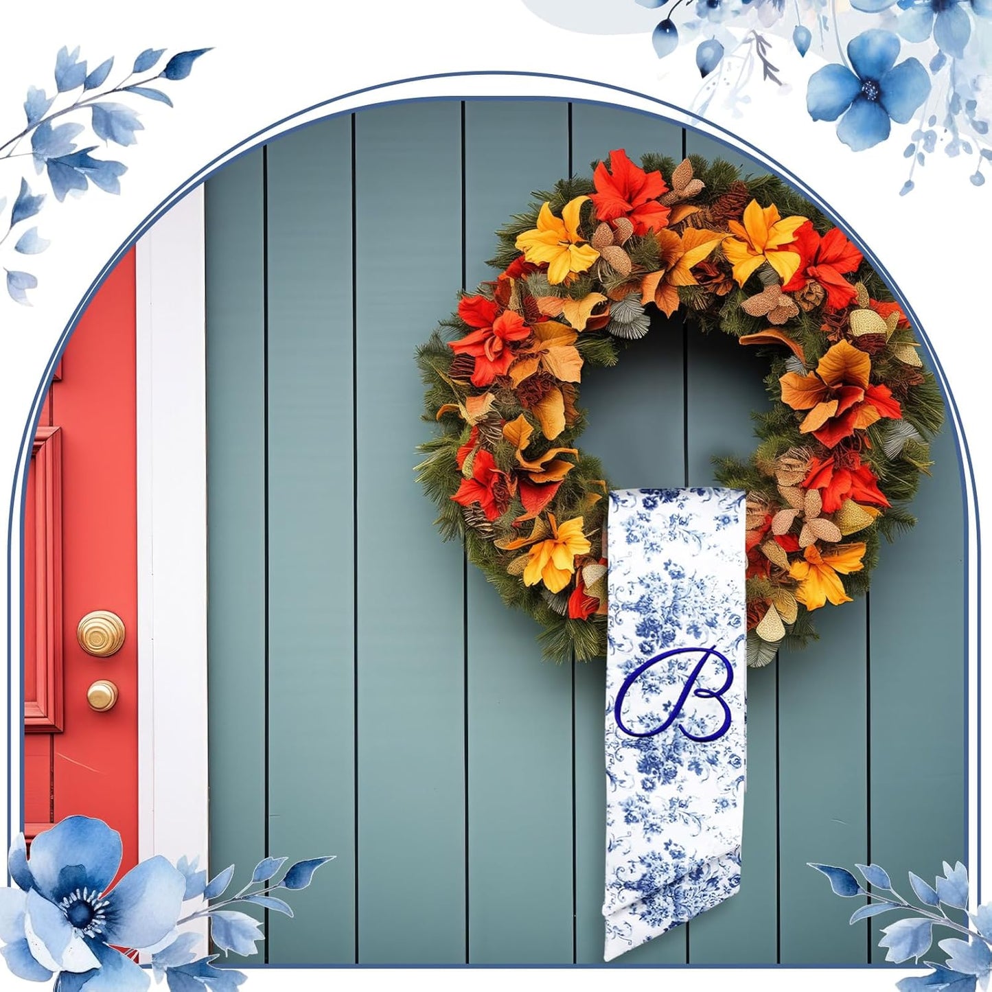 Mindsoft Monogram Wreath Sashes - Embroidered Letter B Design | 56.2 Inch Blue & White Door Decor