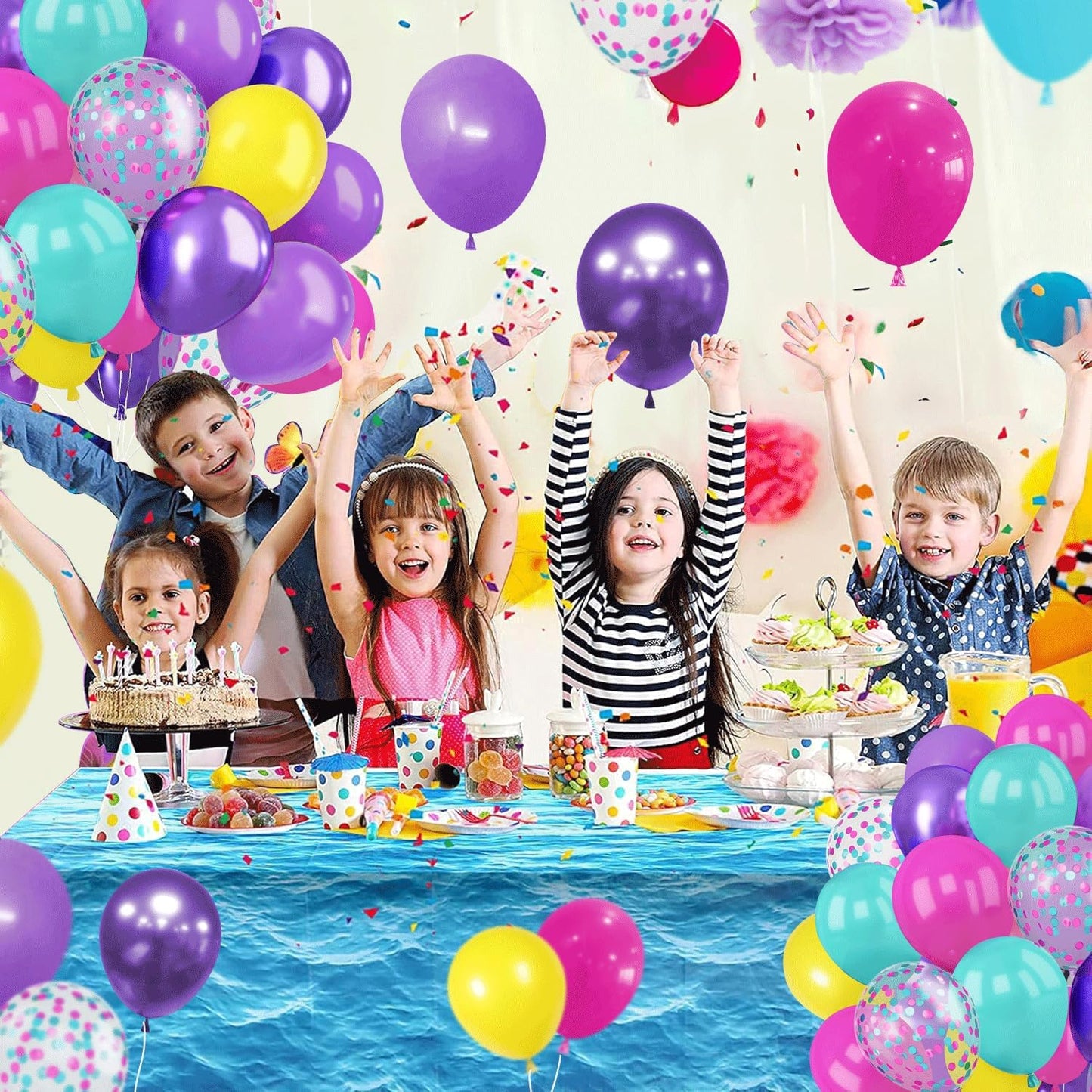 Pink Blue Purple Balloons - 50 Pcs 12 Inch Hot Pink Metallic Purple Teal Yellow Confetti Balloons for Magic Theme Birthday Baby Shower Engagement Party Decoration
