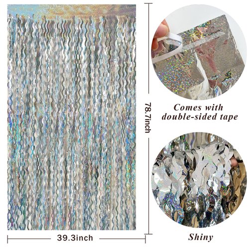 2 Pack Silver Backdrop Curtain Tinsel Streamers Sparkle Metallic Wavy Foil Fringe Photo Booth Props for Birthday Graduation Bachelorette New Year Christmas Wedding Disco Party Decorations
