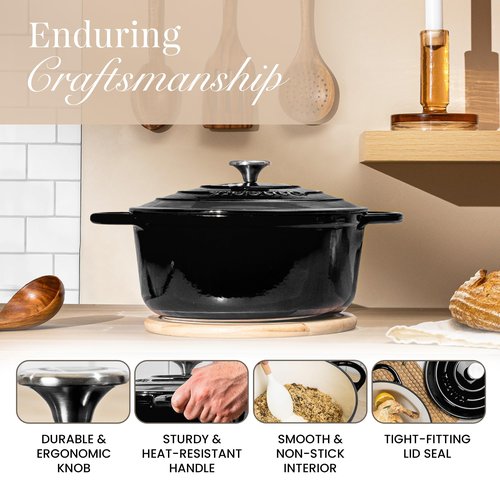 Cast Iron Dutch Oven with Lid – Non-Stick Ovenproof Enamelled Casserole Pot – Sturdy Dutch Oven Cookware – Black, 7.3-Quart, 30cm – by Nuovva