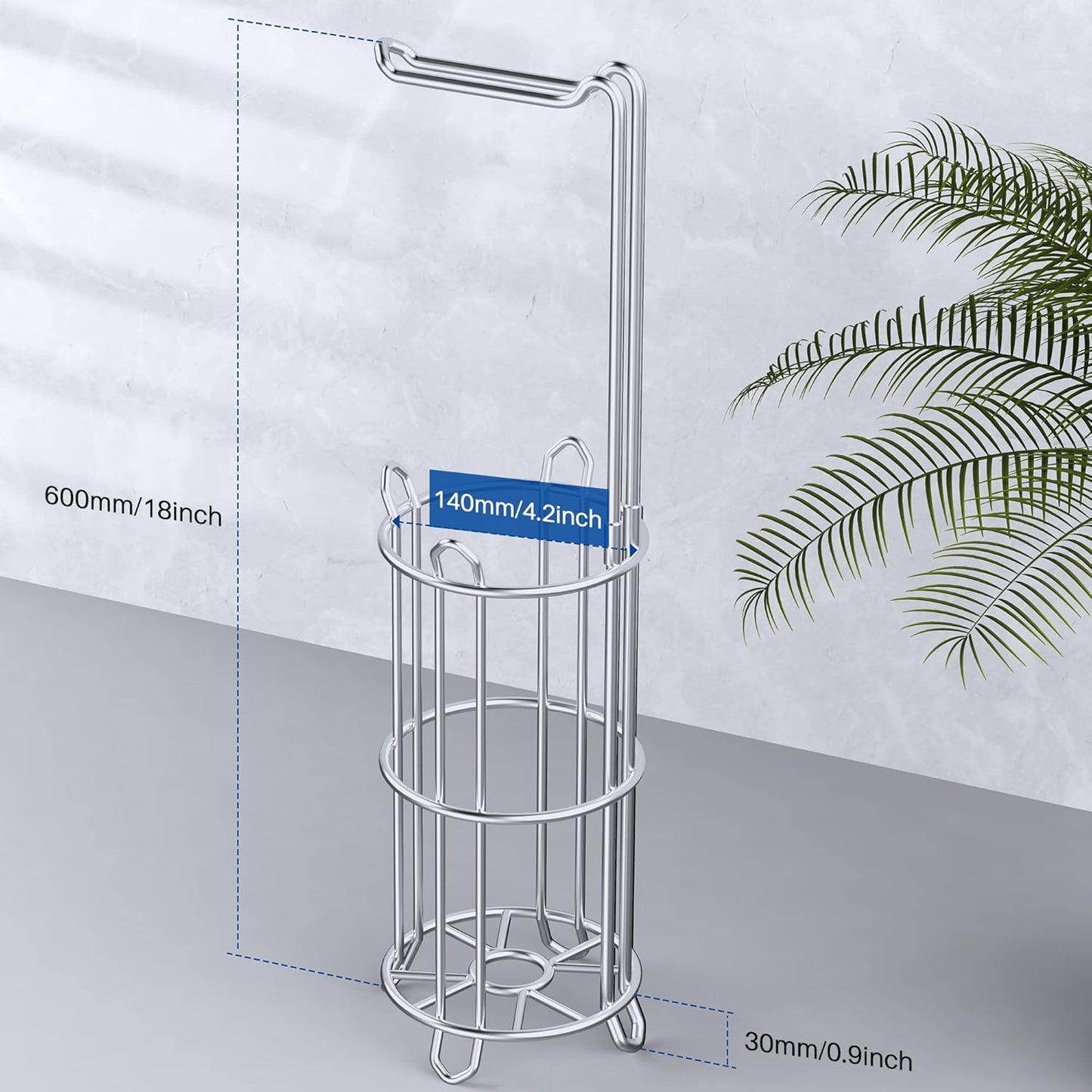 Meangood Toilet Paper Holder Stand - Free Standing Tissue Roll Dispenser for 4 Mega Rolls | Silver Metal Design