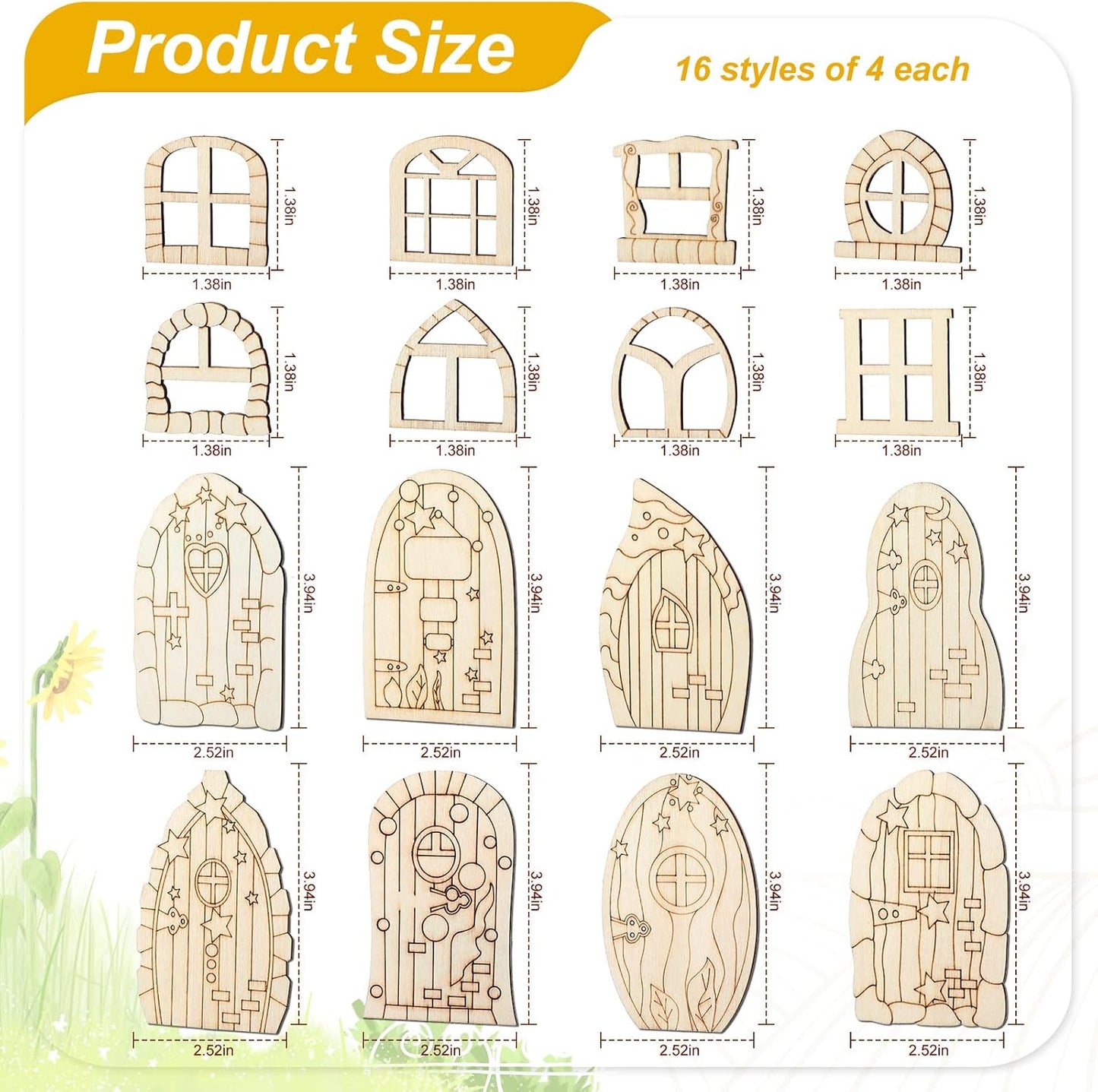 Skiennix Fairy Door Mini Wooden Garden Kit - 64 Unfinished Craft Doors & Windows for DIY Decor