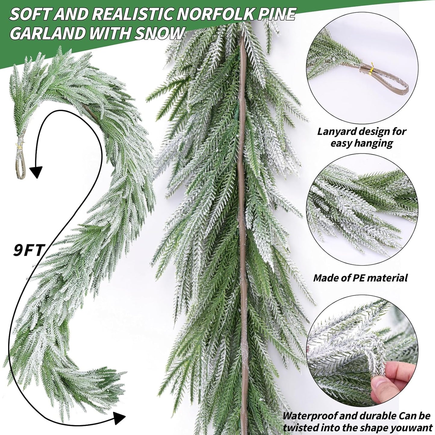 Snow Flocked Norfolk Pine Garlands, 108 Inch Real Touch Winter Pine Garland, Green Artificial Greenery Garland for Table, Mantle, Wall, Indoor, Outdoor Christmas Decorations