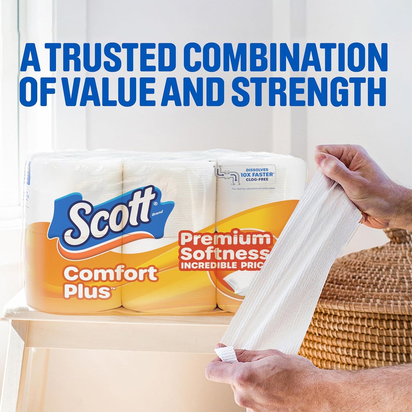 Scott ComfortPlus Toilet Paper - 48 Triple Rolls | 231 Sheets Per Roll | Septic-Safe 1-Ply Tissue