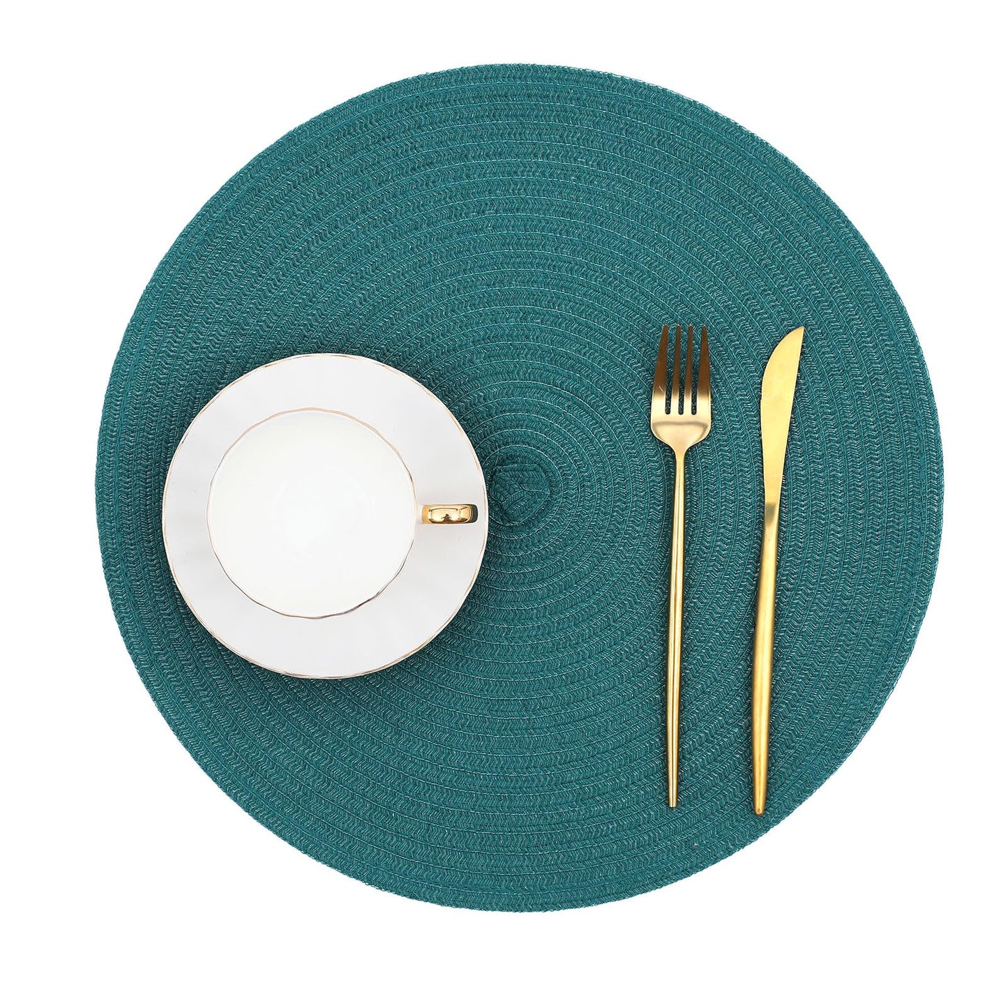 SHACOS Round Placemats Set of 8 Woven Braided Table Placemats 15 inch Circle Place Mats Washable Non Slip Table Mats for Home Wedding Party, Teal Green