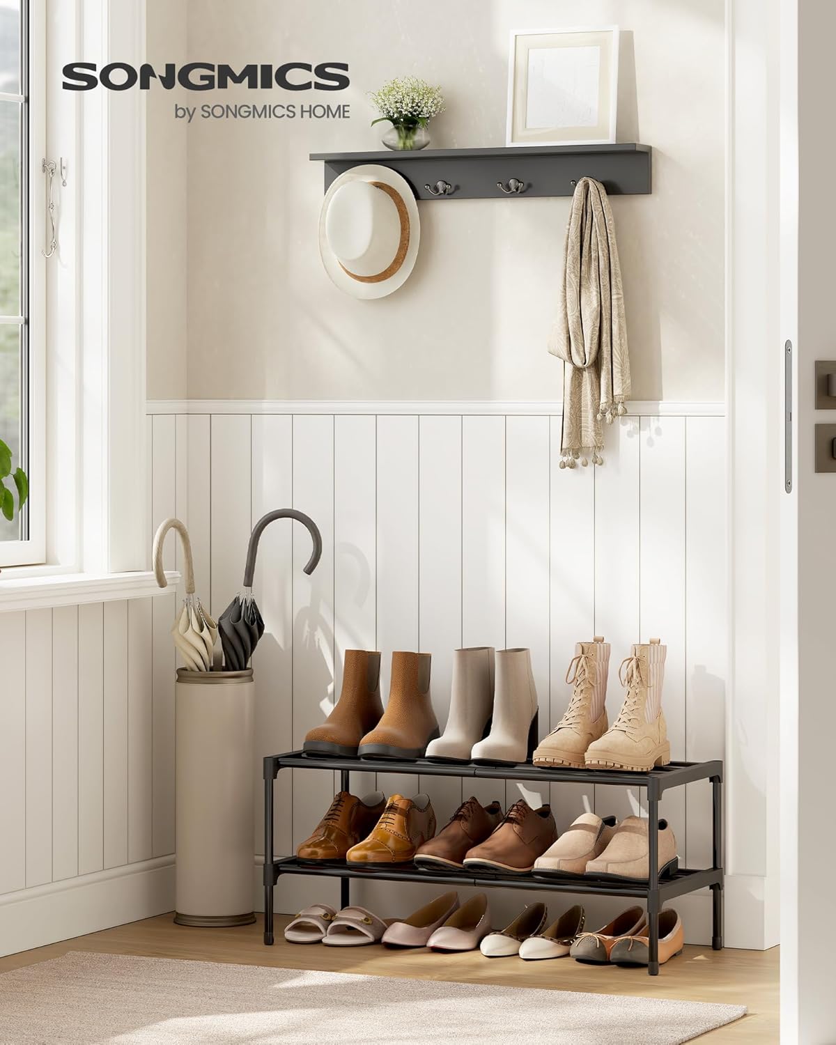 SONGMICS 2-Tier Shoe Rack - Compact Metal Shoe Organizer for Small Spaces | Stackable, Black, 11.8 x 24.5 x 12.2 Inches