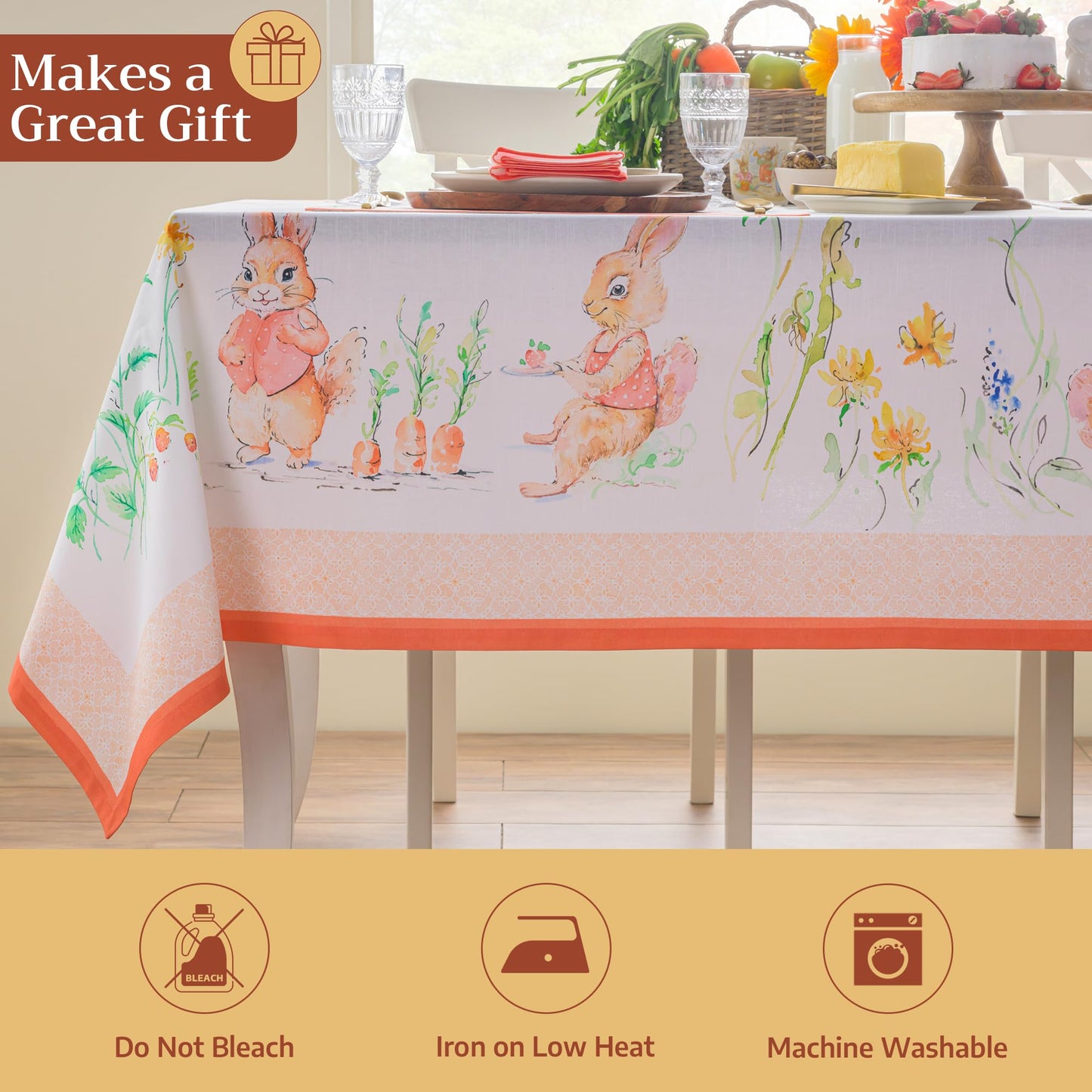 Maison d' Hermine Table Cloth Rectangle Table 100% Cotton 70 x 90 Inches Tablecloth Reusable Decorative for Dining Kitchen Room Farmhouse Home Gifts for Mothers Day Spring Summer - Bunny Party