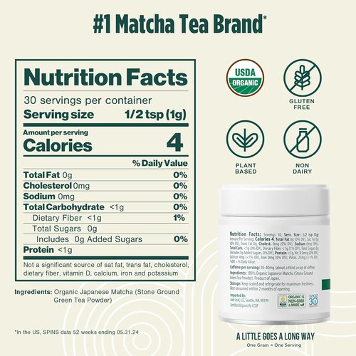 Jade Leaf Matcha Organic Ceremonial Grade Green Tea Powder - 100% Pure Japanese First Harvest, 30g Tin
