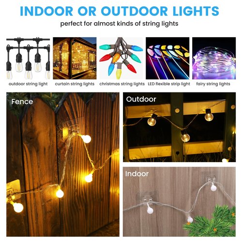 30Pcs Hooks for Outdoor String Lights Clips, Heavy Duty Adhesive Light Hooks for Hanging Christmas Light,Weather Resistant Outside UV-Resistant Waterproof, No Tools, Clear,Outdoor Christmas Décor