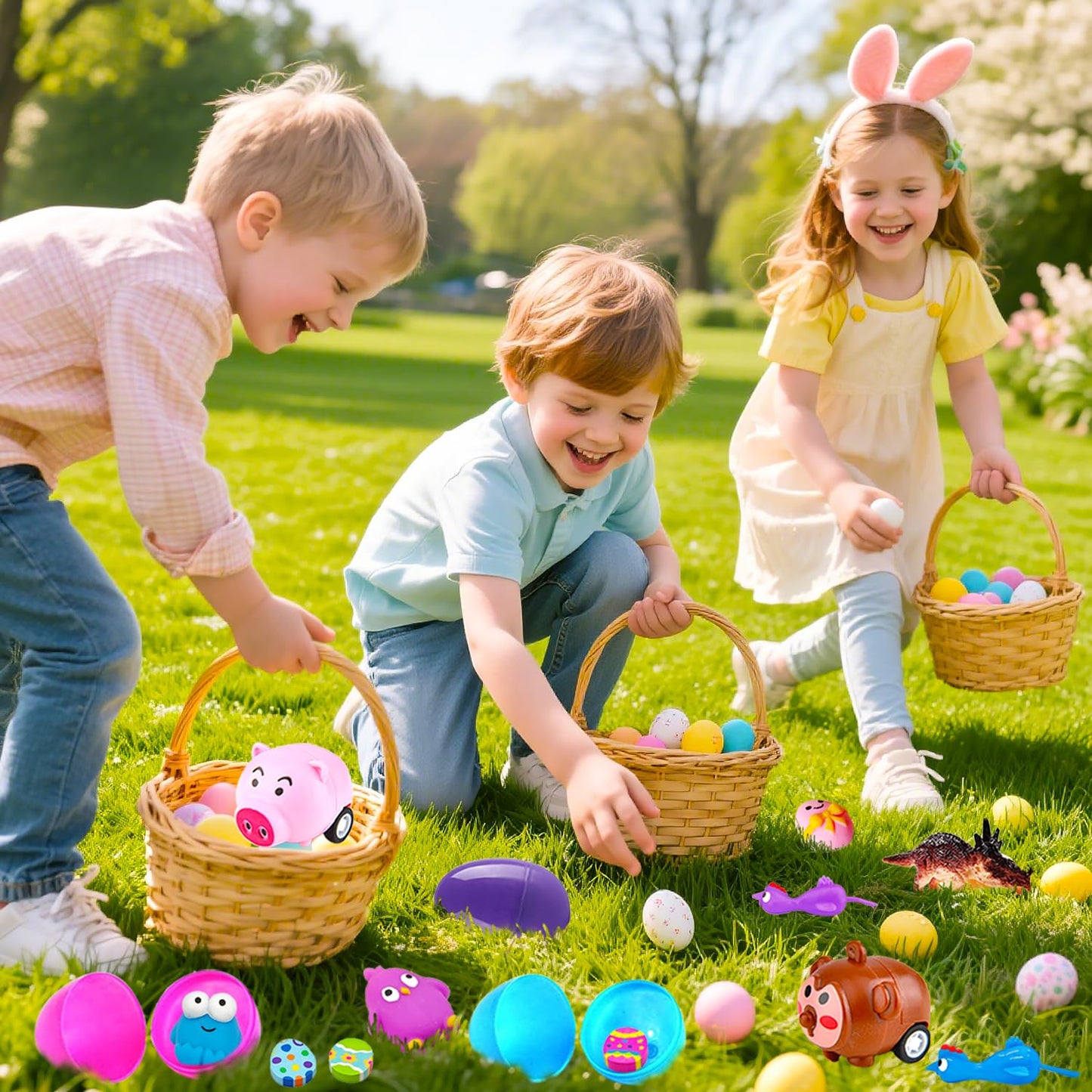 Phaorui 318 Pcs bulk Easter Egg with toys filled inside for kids, 100 sets plastic Easter egg stuffed with toys self pre filled Easter egg fillers for Kids Boys Girls stuffed Easters eggs filled