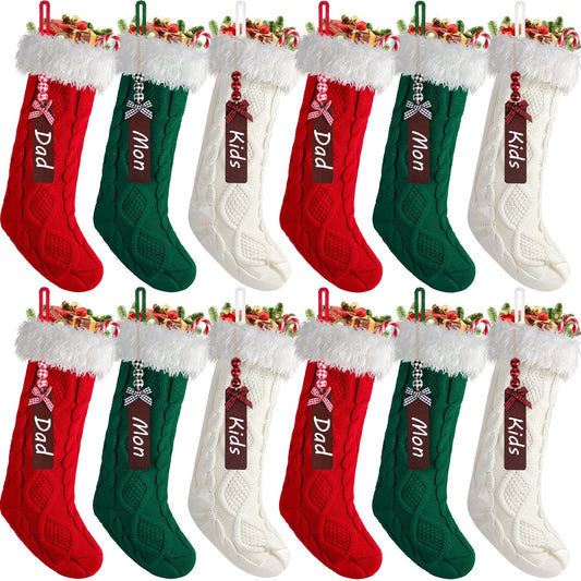 Tgosomt 12 Pack Christmas Stockings, 20 Inches Large Knitted With Personalized Name Tags, Hanging for Kids, Xmas Stuffers, Ivory White, Burgundy & Green