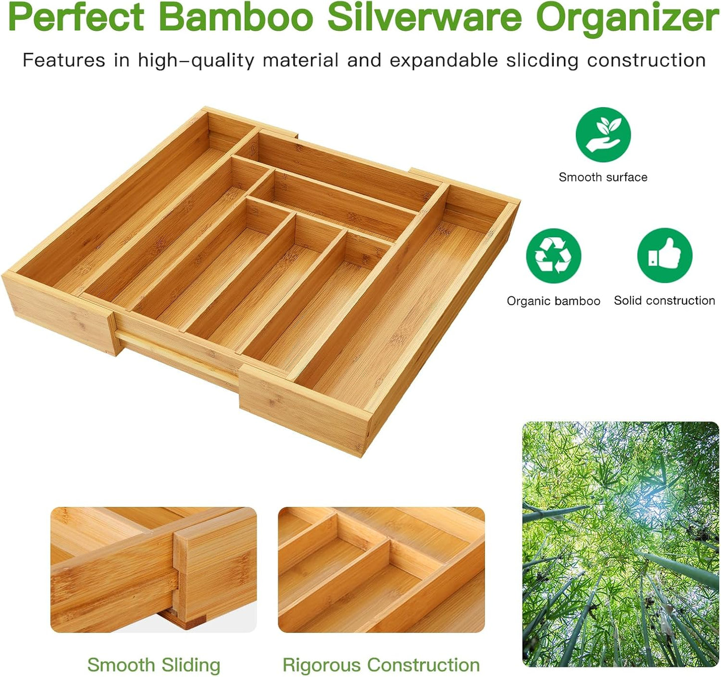 Pipishell Bamboo Drawer Organizer - Adjustable Utensil Holder & Cutlery Tray | Versatile Wood Dividers for Kitchen & Home