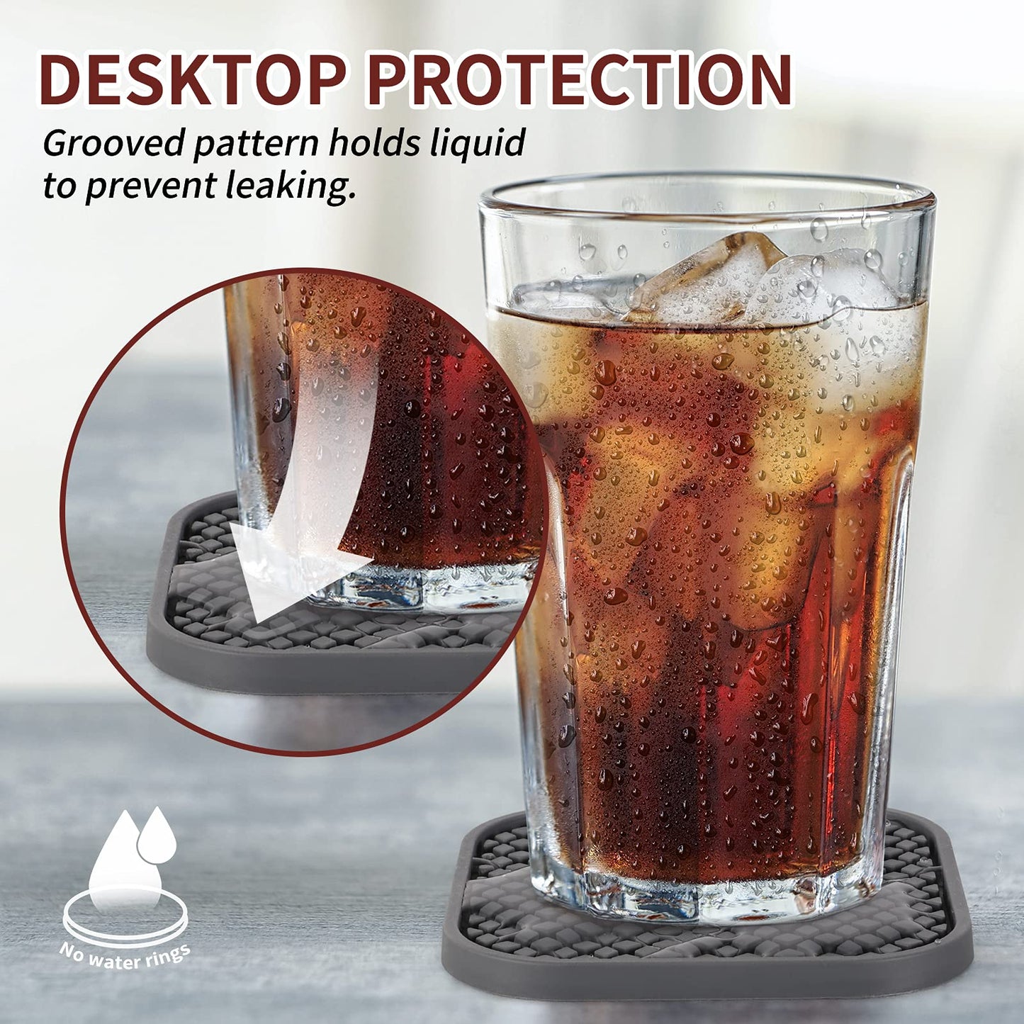 ME.FAN Silicone Coasters with Holder [6 Pack] Square Drink Cup Mat - Non-Slip, Non-stick, Stay Put, Deep Tray - Prevents Furniture and Tabletop Damages Wine Red