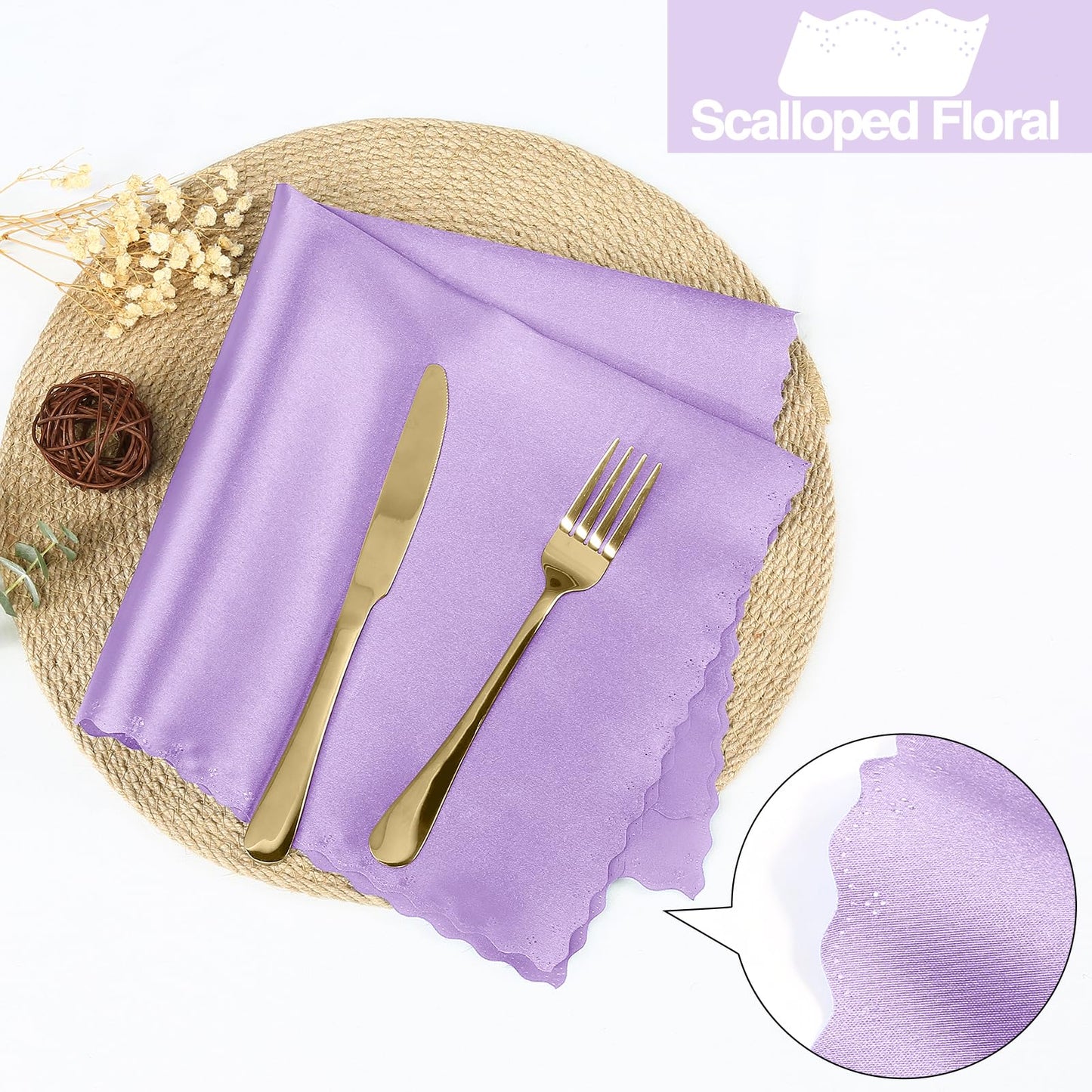 Homiest 12 Pack Light Purple Satin Dinner Napkins - 17x17 Inches, Scalloped, Silky Elegant Wedding & Party Napkins