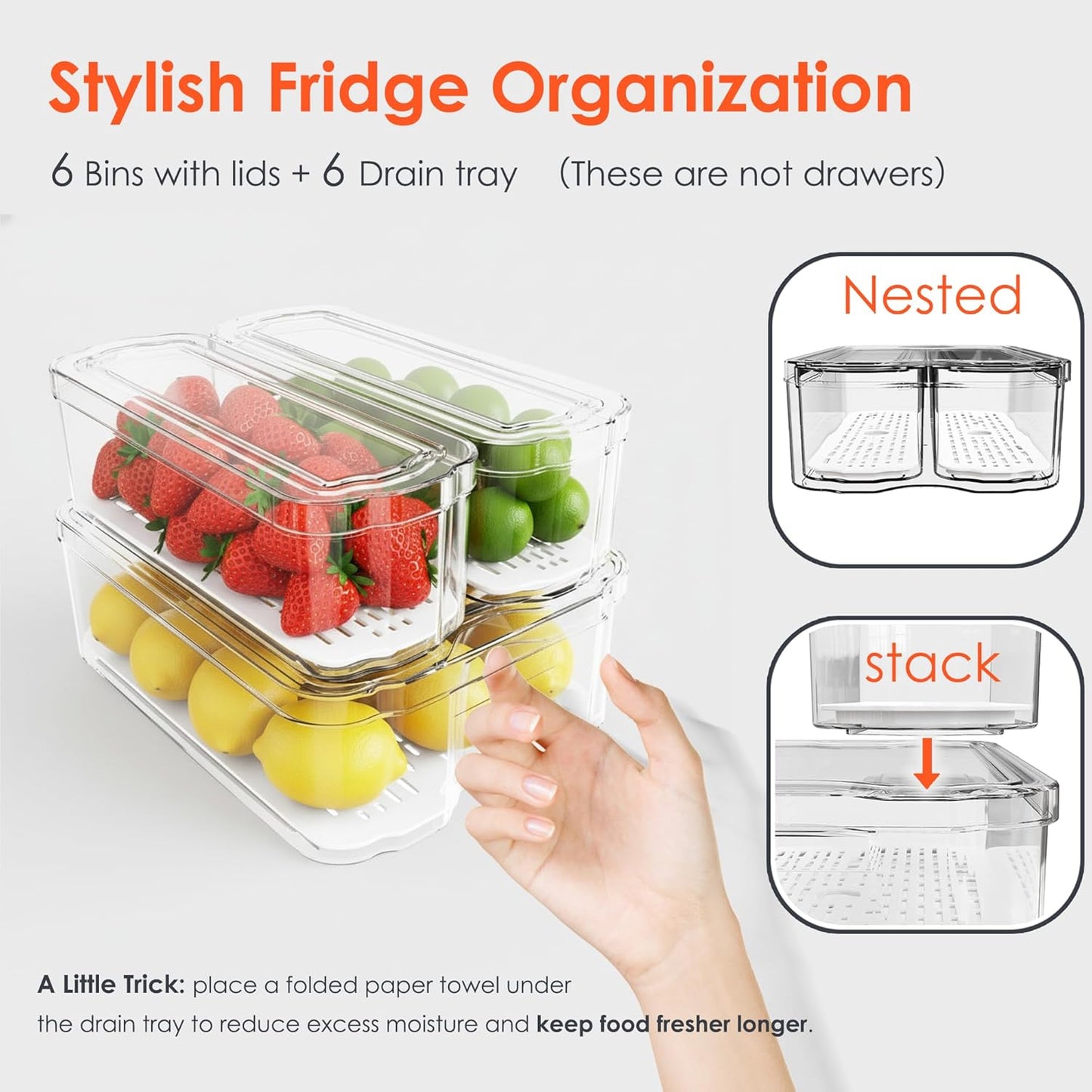 SMRCAD Fridge Organizer Bins - 6 Pack Clear Storage Containers with Lids for Kitchen & Pantry