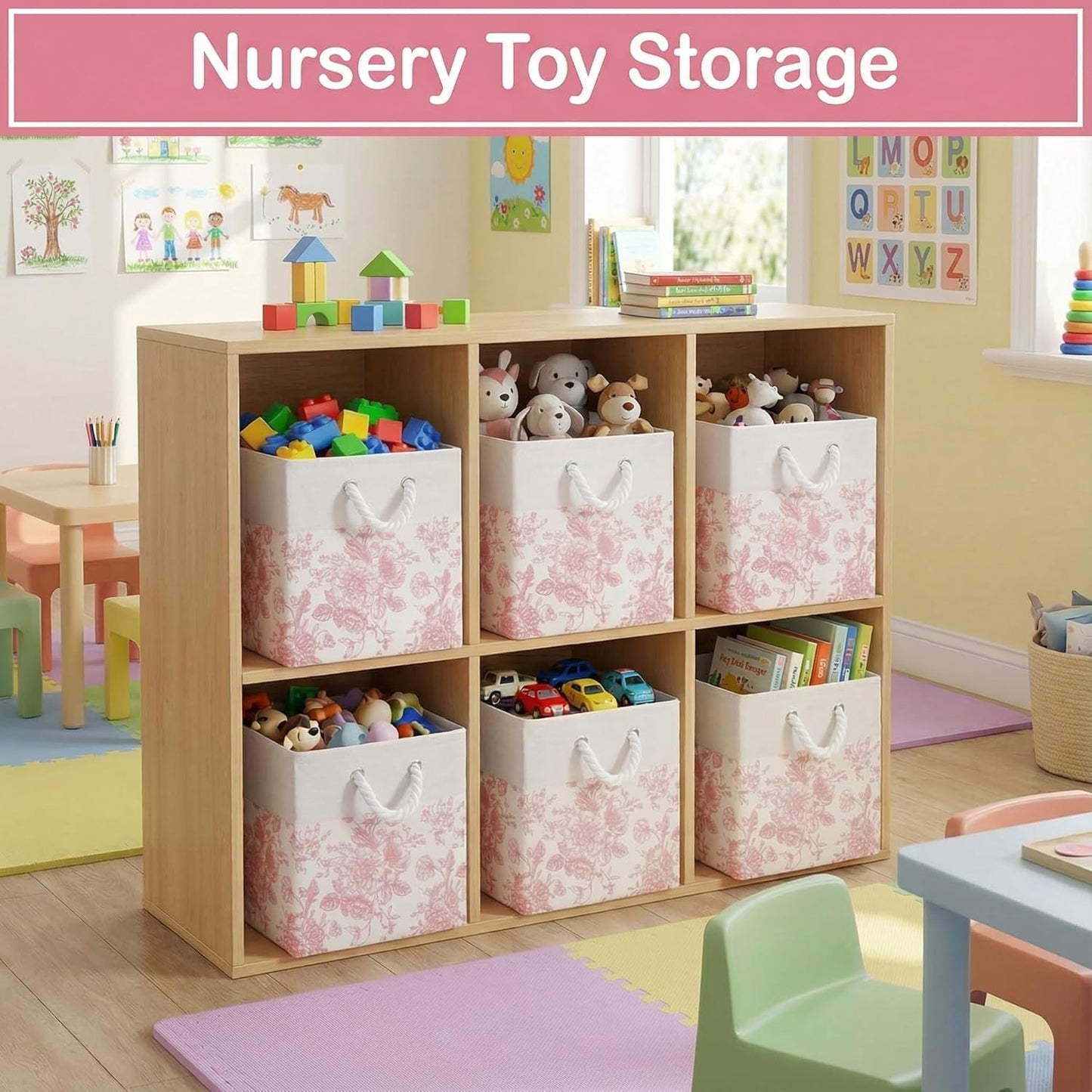 LemonRoad Pink Floral Cube Storage Bins - 6 Pcs Collapsible 11.22 Inch Organizer Baskets for Home & Office