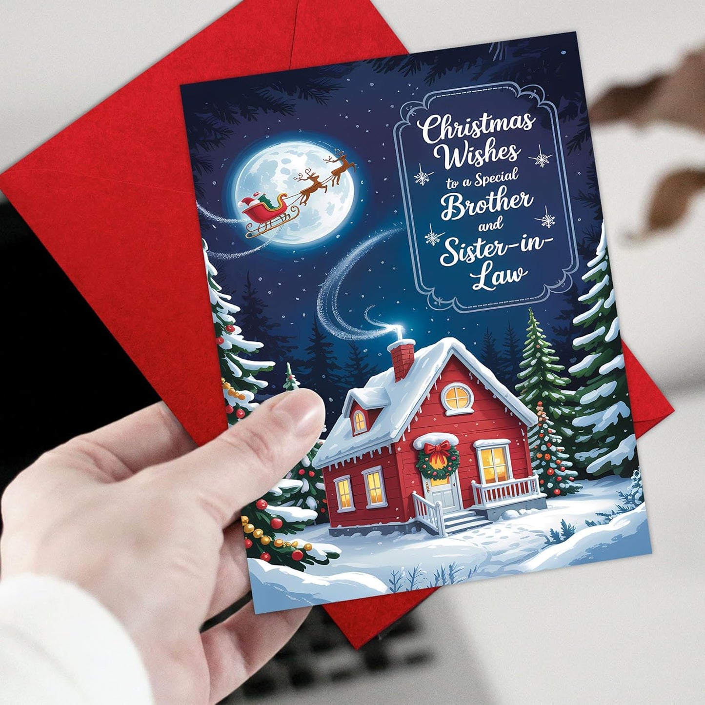 Regine Switzerland Christmas Card - Cozy Winter Cottage Design with Santa Sleigh | Festive Greeting for Brother & Sister-in-Law, 5.3''x8'' with Red Envelope