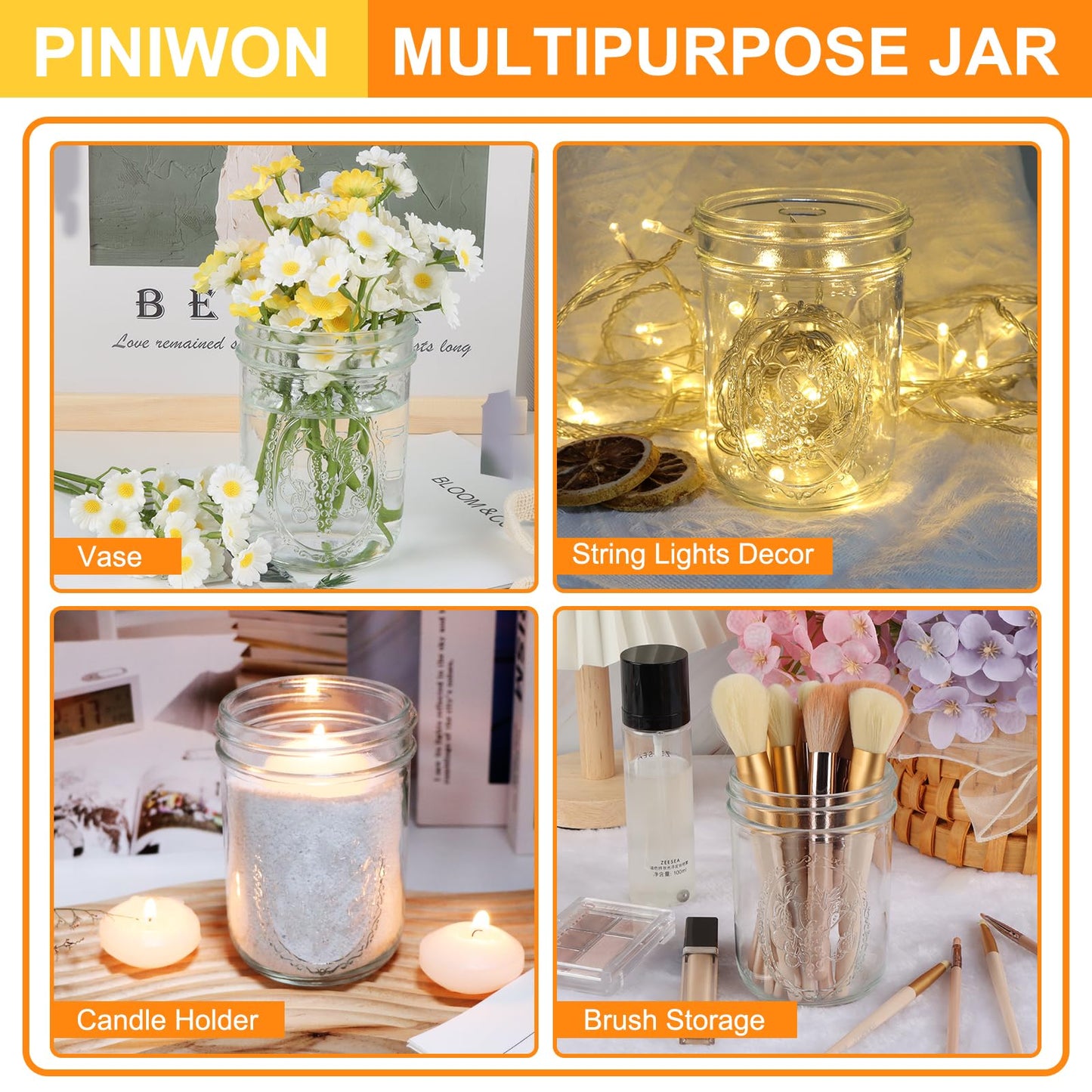 PINIWON Wide Mouth Mason Jars 16 oz with Airtight Lids and Bands, 6 Pack Canning Jars, Clear Glass Pint Jars for Canning, Fermenting, Pickling, Meal Prep, Overnight Oats