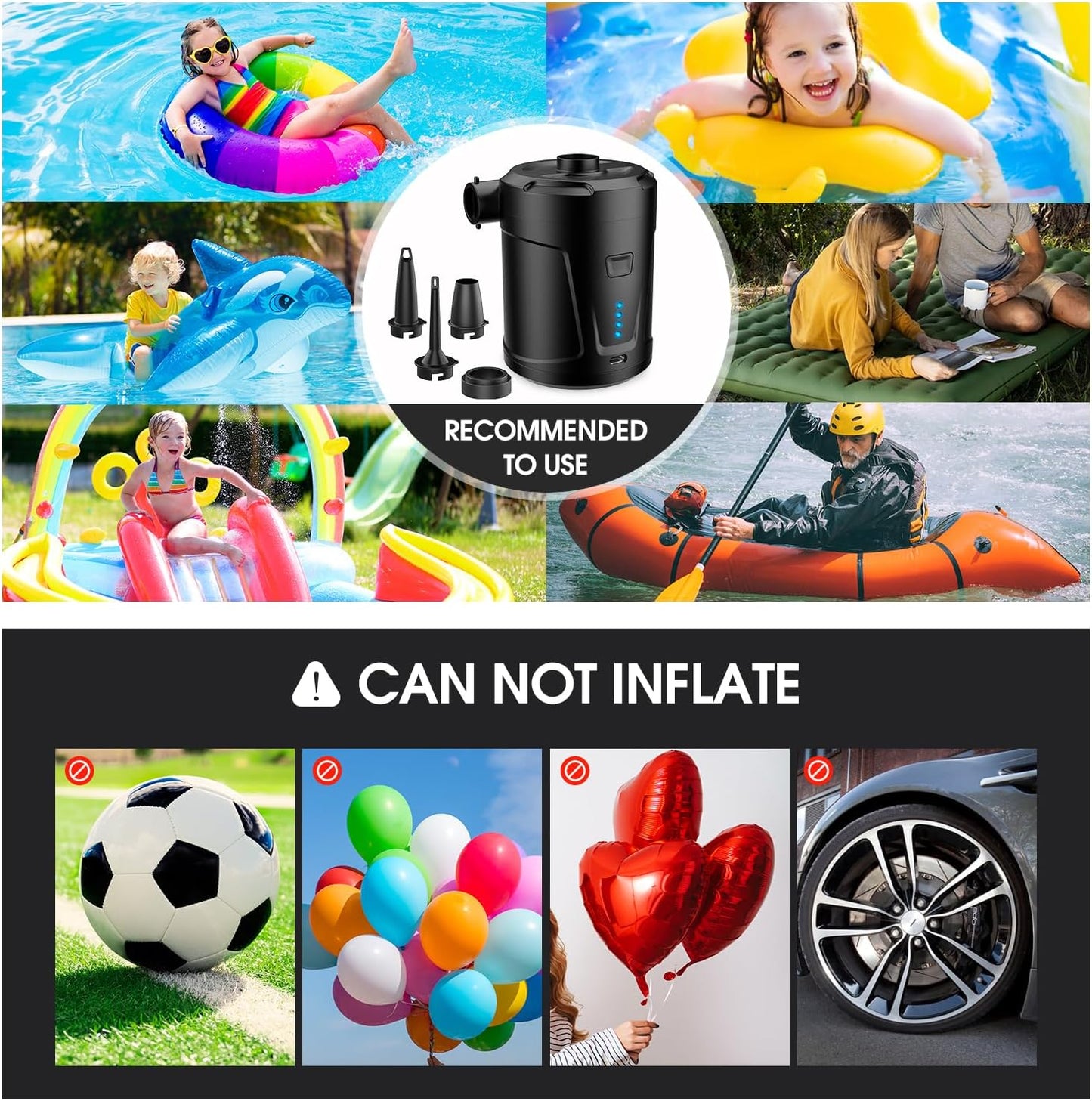 **Air Pump for Inflatables - Skiennix Electric Air Mattress Pump with 5200mAh Battery & 4 Nozzles**