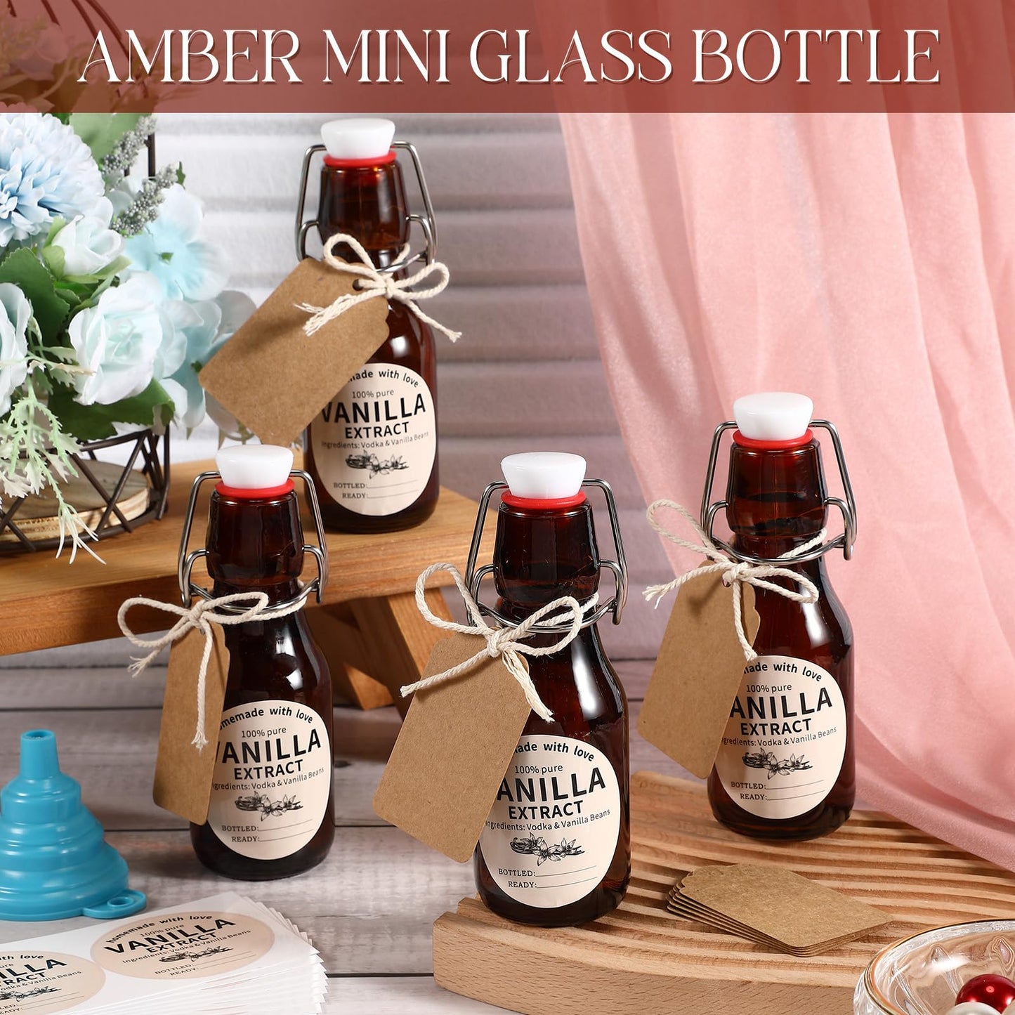 Vesici 12 Sets Swing Top Glass Bottles Set Amber Homemade Vanilla Extract Bottles Vanilla Extract Jars for Christmas DIY Crafts (8 Oz)