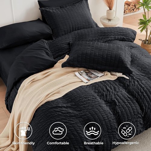 HYMOKEGE King Size Comforter Set - Luxurious 7-Piece Seersucker Bedding in Black for All Seasons
