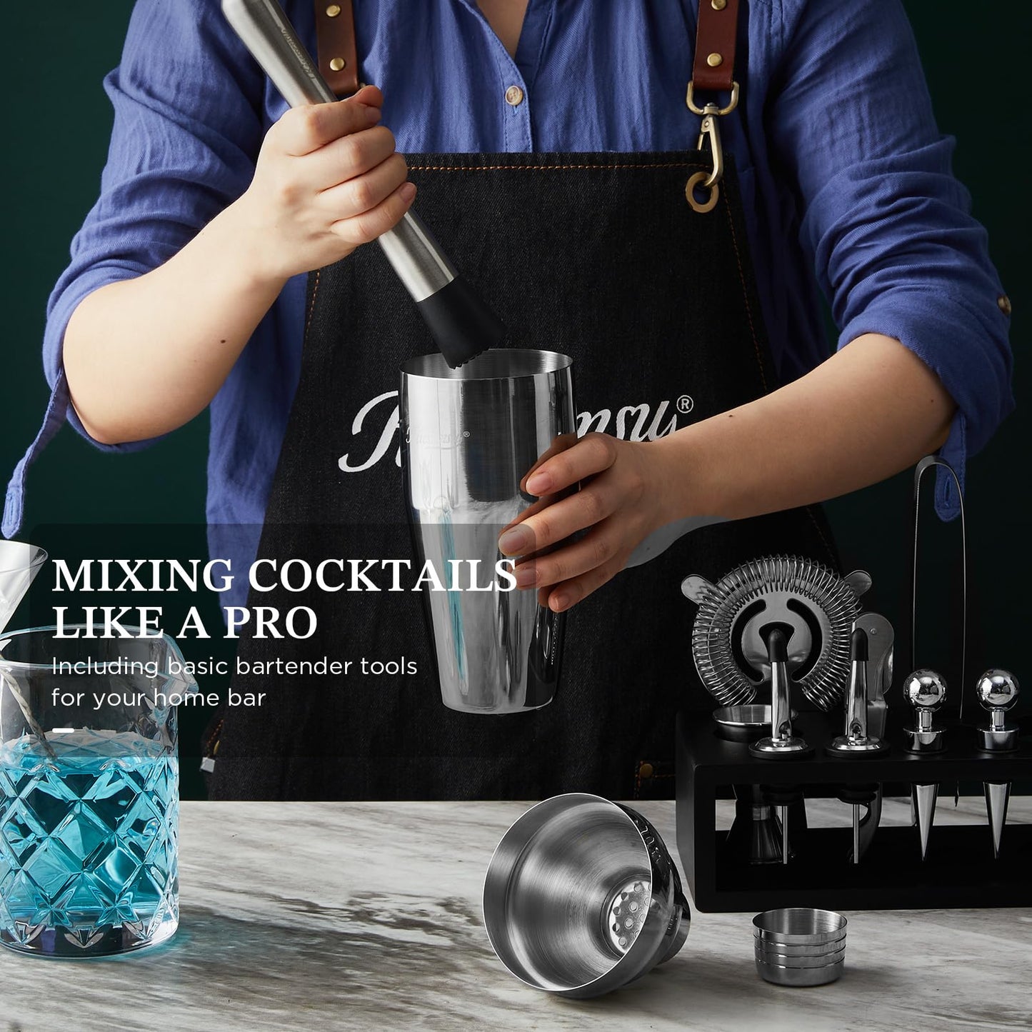 KITESSENSU Cocktail Shaker Set with Stand | Mixology Bartender Kit Bar Set with Essential Bar Accessories for Home Bar: Martini Shaker, Jigger, Muddler, Bar Spoon | Drink Mixer Cocktail Kit