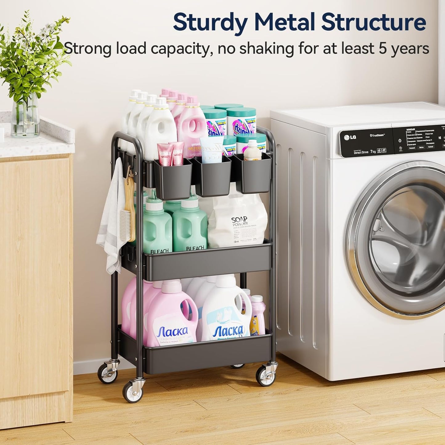 YASONIC 3-Tier Rolling Utility Cart - Heavy-Duty Metal Storage Organizer with Wheels & Hooks | Perfect for Kitchen & Office