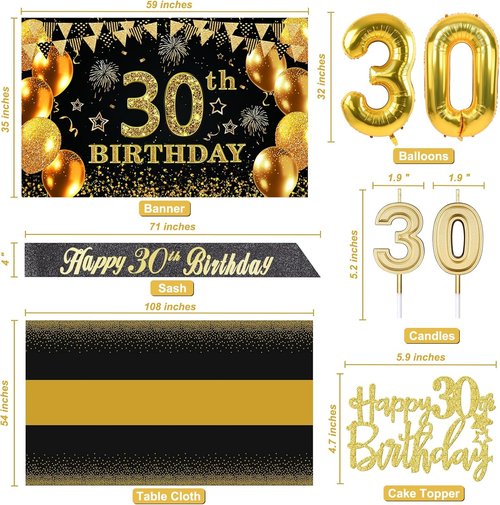 30th Birthday Decorations | Black and Gold Banner, Table Cloth, Balloons, Sash, Cake Topper & Candles