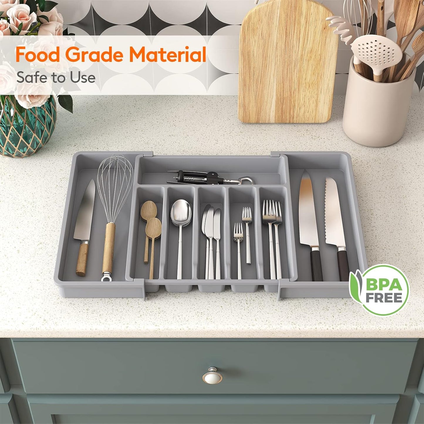 Lifewit Expandable Silverware Drawer Organizer - BPA-Free Utensil Tray for Kitchen | Adjustable 13-22 x 15" Grey