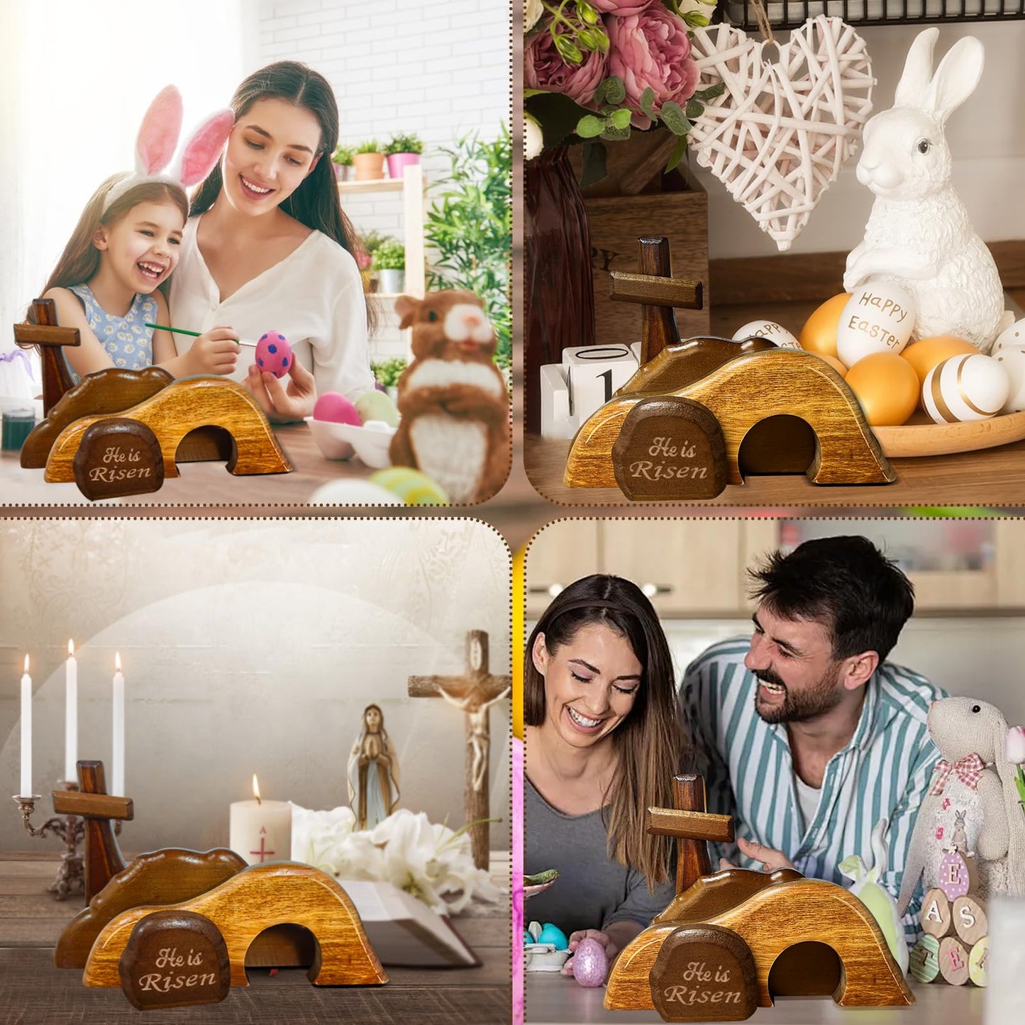 JNYVE Easter Scene Wooden Decorations - Empty Tomb Resurrection Scene and Cross Decor - Jesus Christian Religious Tomb Signs Tiered Tray Decoration for the Home Table Office