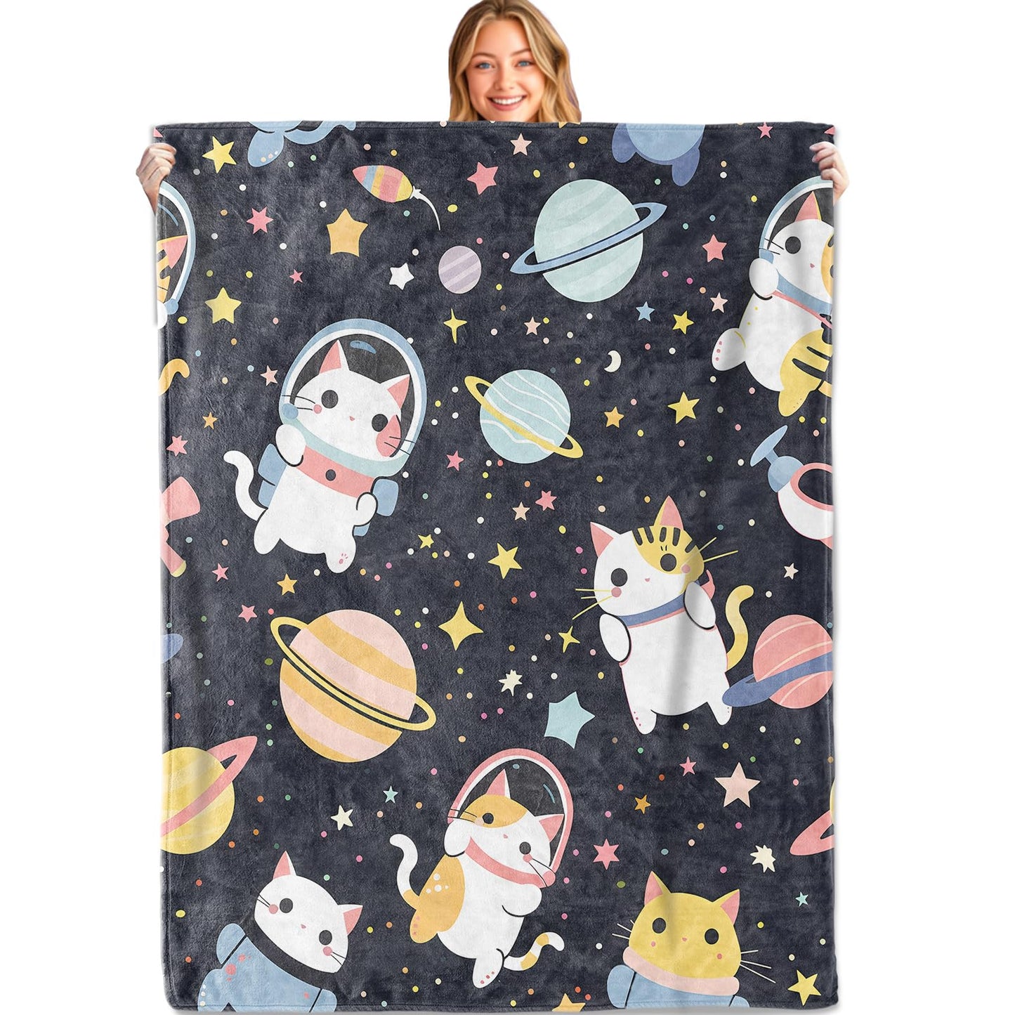 MIEPOS Space Cat Throw Blanket, 50x60in, Soft, Lightweight Flannel, Cute Astronaut Kitten with Planet and Star on Dark Sky Blankets, Gifts for Kids, for Home Living Room Decor