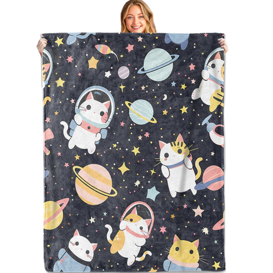MIEPOS Space Cat Throw Blanket, 50x60in, Soft, Lightweight Flannel, Cute Astronaut Kitten with Planet and Star on Dark Sky Blankets, Gifts for Kids, for Home Living Room Decor