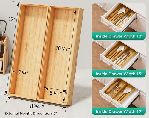 Bamboo Kitchen Drawer Organizer - Stackable Utensil Tray Set of 2 | 17" x 6" for Cutlery & Flatware Storage