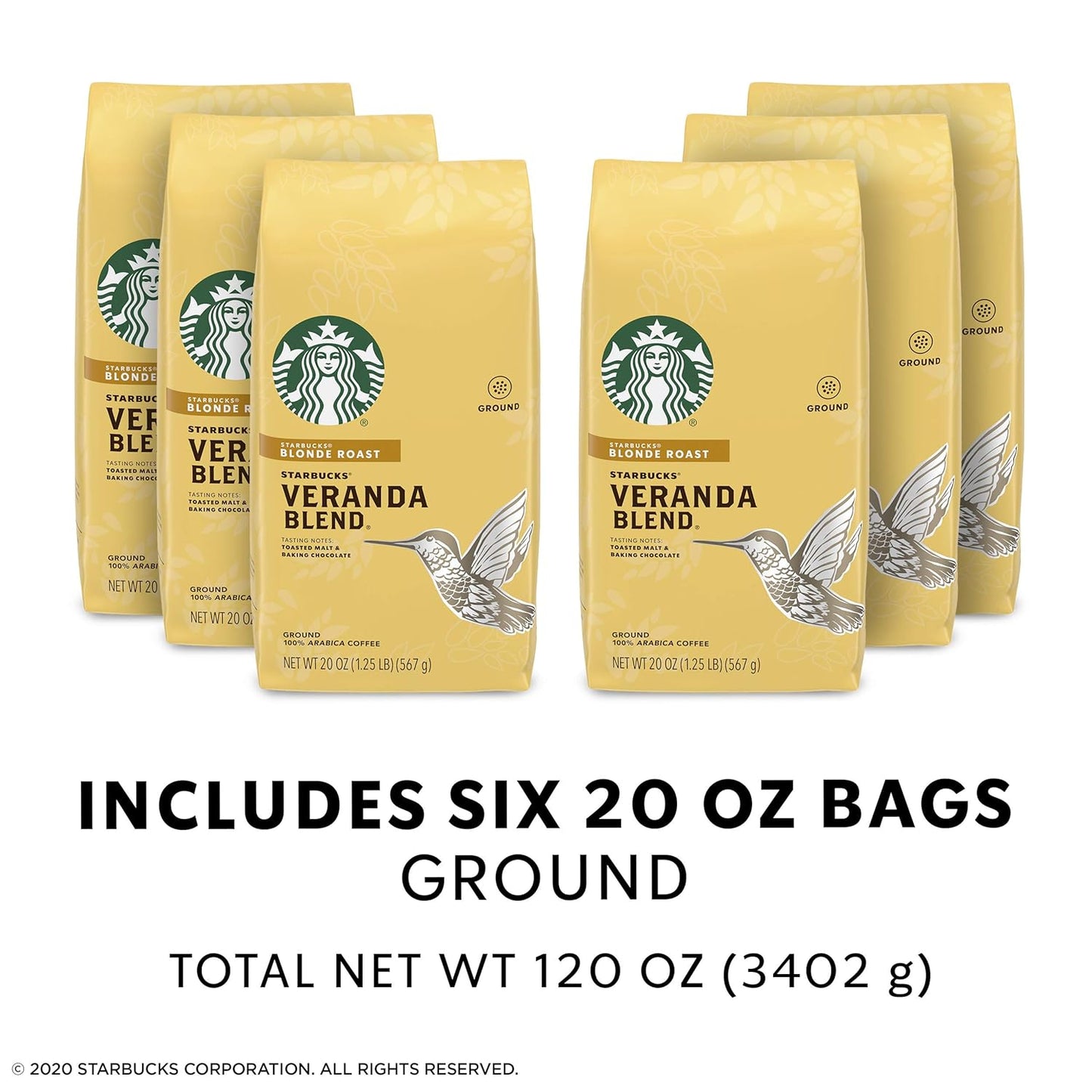 Starbucks Veranda Blend Coffee - Ground, Smooth Flavor, 20-Ounce Bags | Pack of 6