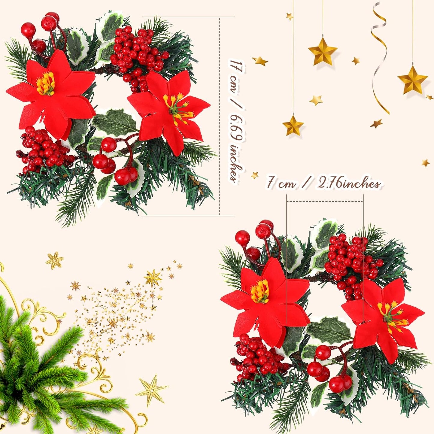 Yilloog Mini Christmas Candle Rings - 8 Sets of Berry & Pinecone Wreaths for Festive Table Decor