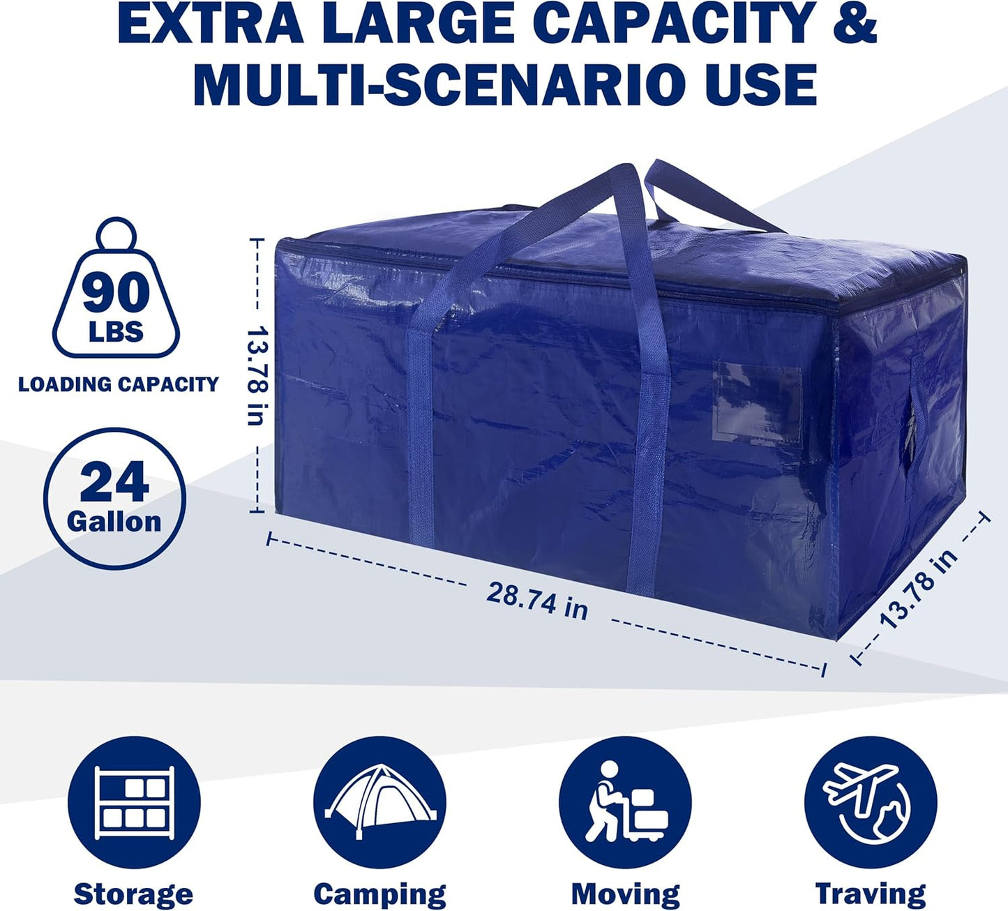 Skiennix Extra Heavy Duty Moving Bags - 8 Pack with Strong Zipper & Handles | 24 Gallon Dark Blue Storage Totes