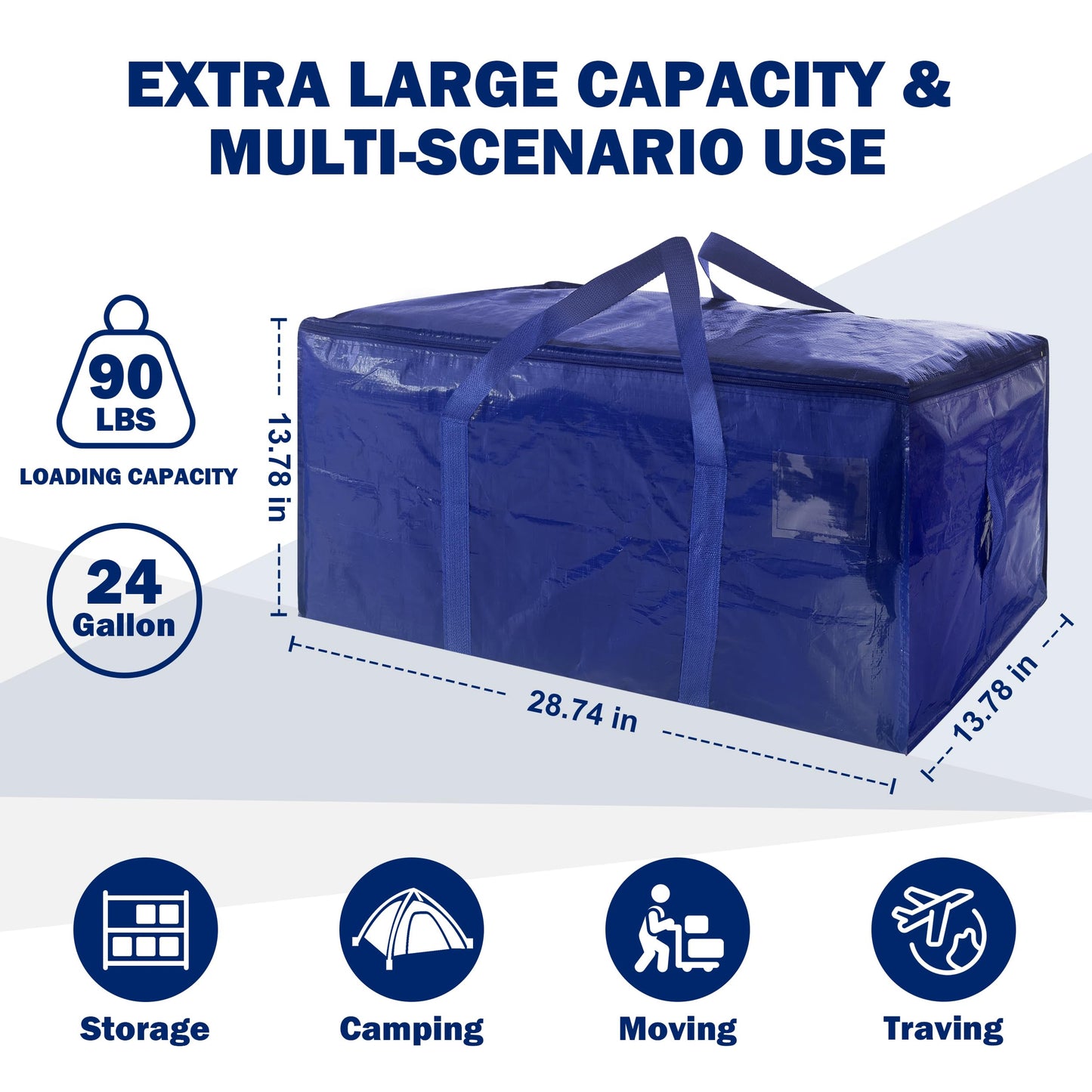 16 Pack Extra Heavy Duty Large Moving Bags with Strong Zipper & Carrying Handles, Sturdy Clothes Storage Bag Totes Bins, Packing Bags Moving Boxes College Moving Supplies, Dark Blue - 24 gal