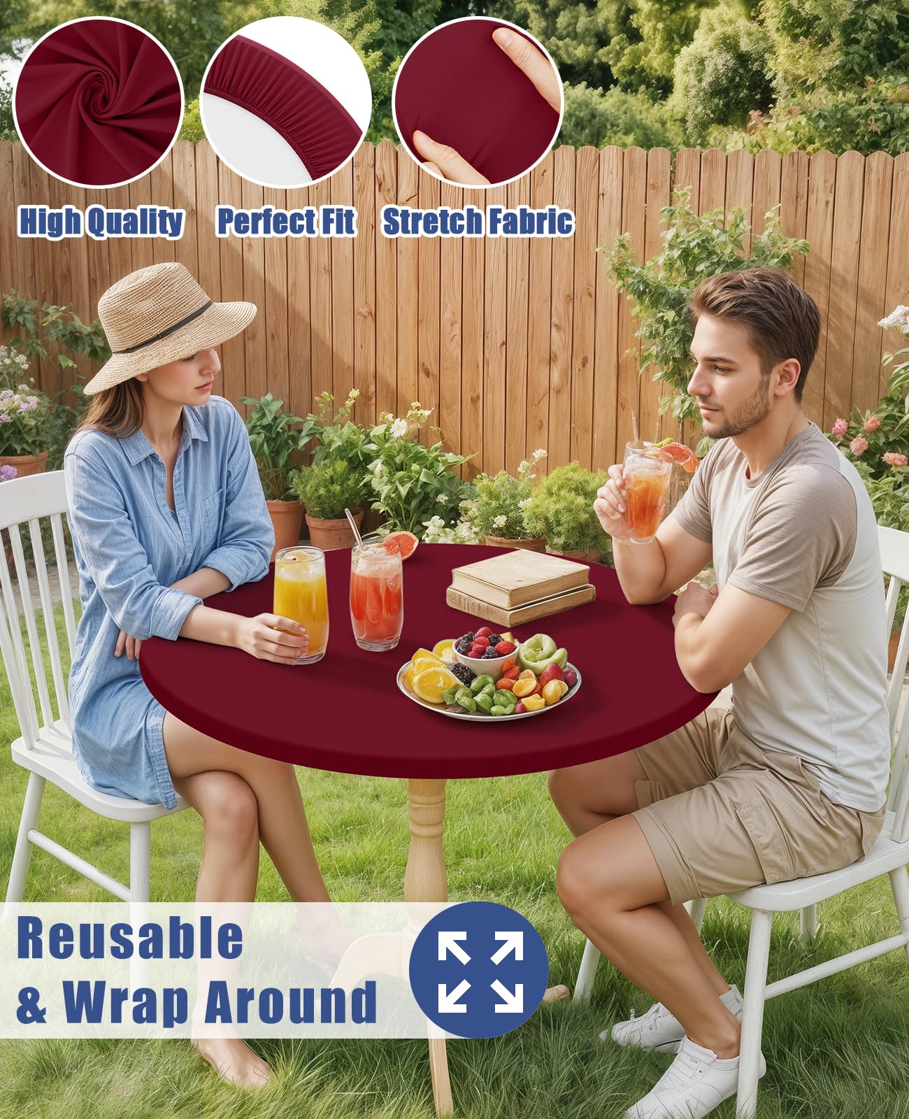 Moosfor Round Spandex Tablecloth, Elastic Fitted Waterproof Tablecloths for 25"-30" Tables, Stretch Washable Picnic Table Cover for Camping, Dining, Indoor and Outdoor, Wine Red