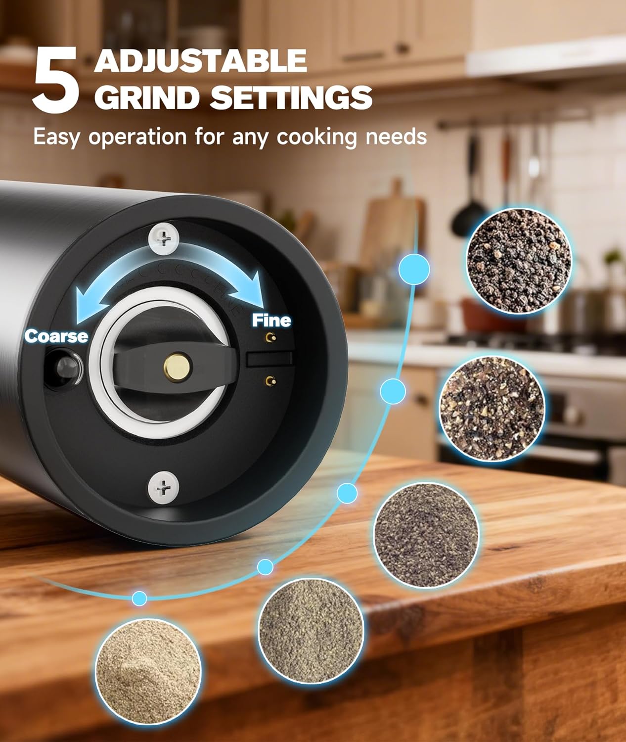 Ringco Electric Salt and Pepper Grinder Set - Rechargeable Mill with Adjustable Coarseness & LED Light | 110ml Capacity for Kitchen & Outdoor Use