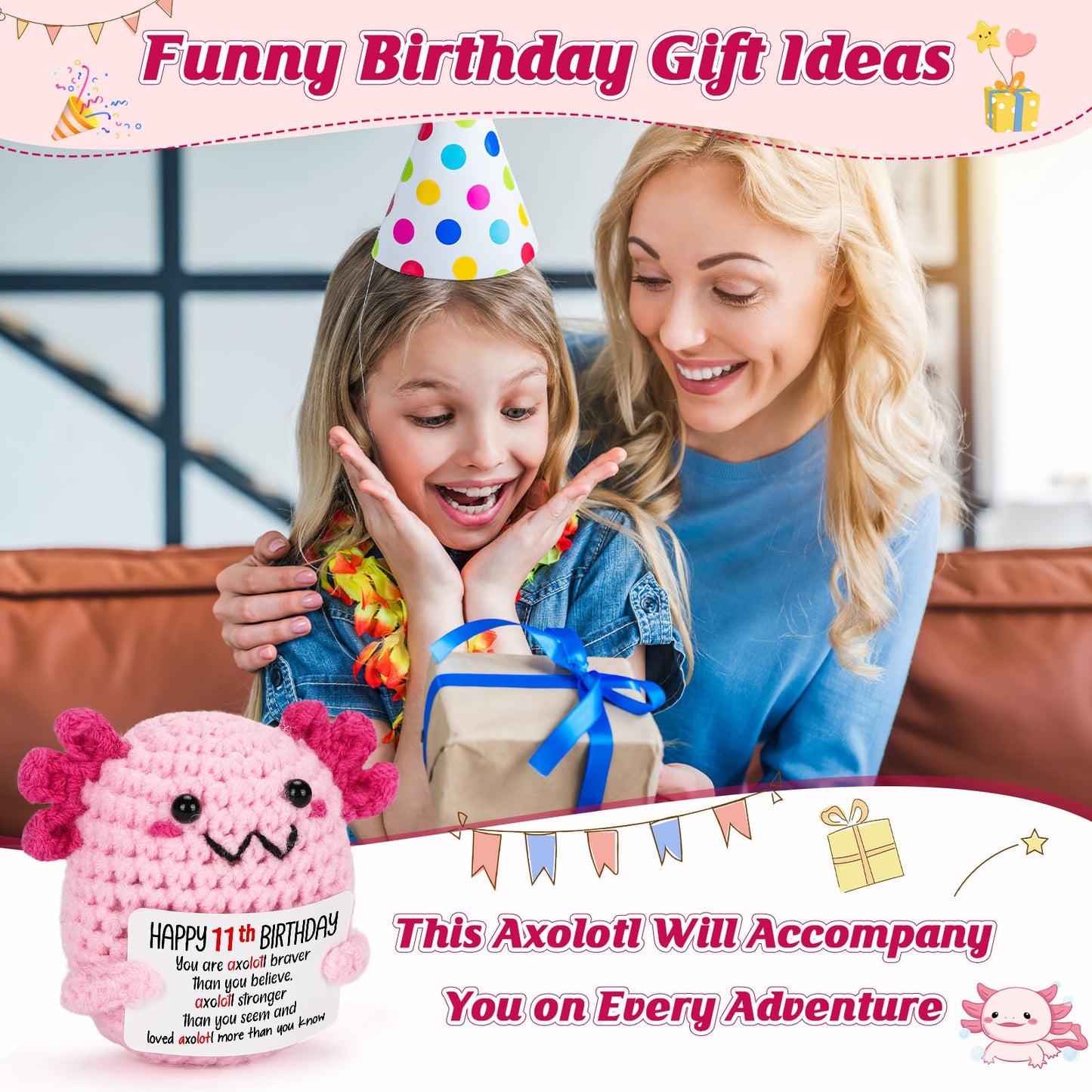 WEYON 11 Year Old Girl Birthday Gift Ideas, Mini Crochet Axolotl Plush for 11th Birthday Gift for Girls, 11th Pink Decorations, 11 YO Presents Axolotl Toy