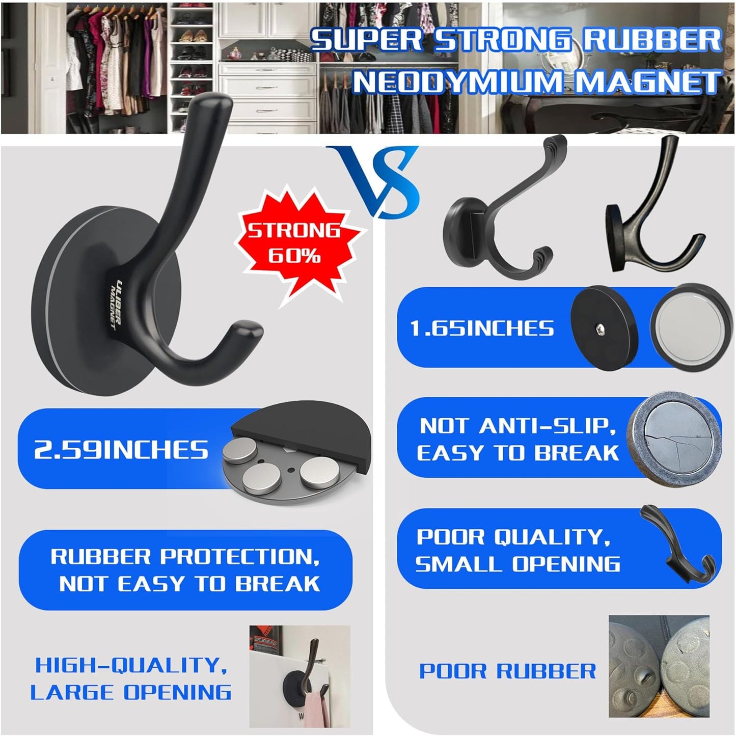 ULIBERMAGNET Heavy-Duty Magnetic Double Hooks - Sturdy Rubber Coated Coat & Towel Holders (Black, 2 Pack)