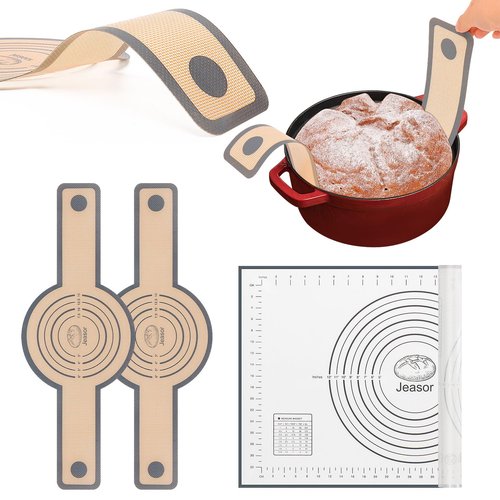 Jeasor 3 PCS Silicone Baking Mat Set, Silicone Bread Sling for Dutch Oven, Reusable Sourdough Bread Baking Supplies, Non-Stick and Easy Clean, with Long Handles