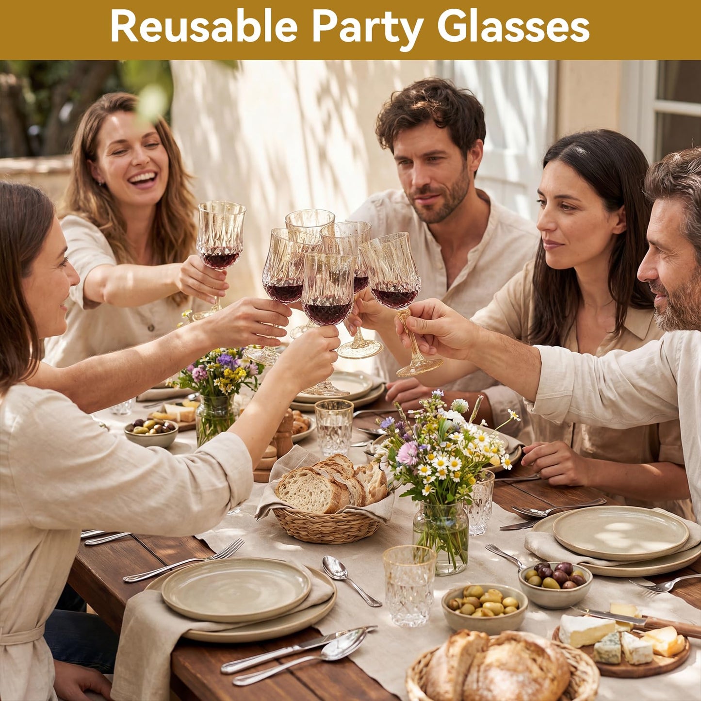 Sliner 48 Pcs Plastic Wine Glasses 7oz Vintage Drinking Goblets Unbreakable Crystal Water Glassware Reusable Diamond Champagne Flutes Cups for Wedding Banquet Birthday Party Supplies(Gold Glitter)