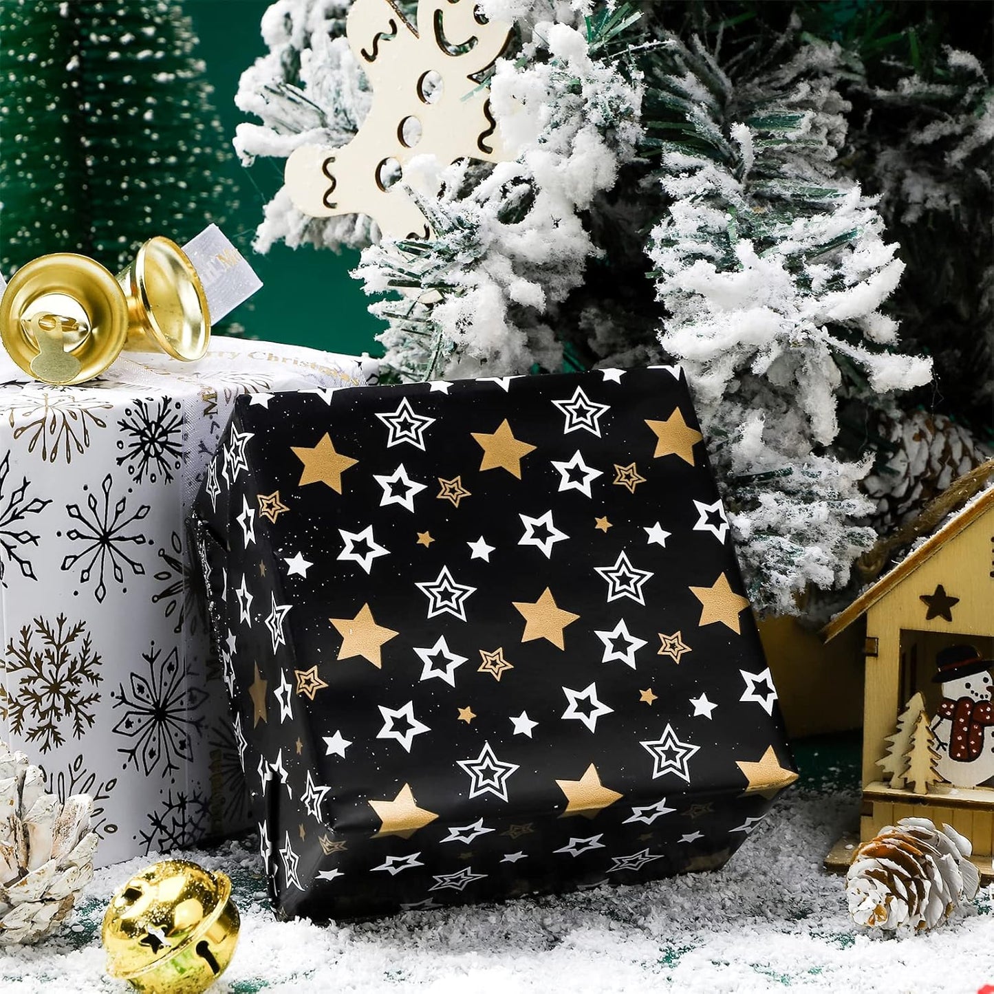 MAYPLUSS Wrapping Paper Roll - Mini 17" x 120" - 3 Elegant Black Gold Christmas Designs