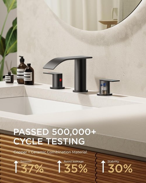 FORIOUS Black Square Bathroom Faucet - Waterfall Design with Metal Pop-Up Drain & Two Handles for Vanity